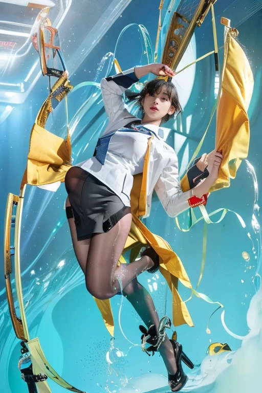 (full body:1.5),(1girl:1.3),(view the viewer:1.4),(anatomy correct:1.45),(Dancing on high mountain peaks:1.3),(very thick printed pantyhose:1.4),( A woman Wear printed fantasy Thief Set JK student uniform pleated skirt and uniform pointed high-heeled leather shoes :1.35), (Light particle effect:1.3),(In pink | amarelo | blue colors| green color |red color | white colors| black in color| purplish color| greys| Beige| Flesh color 1.4),(Glowing eyes:1.3),(Large amplitude action: 1.3),(Accurate and perfect face:1.4),hyper HD, Ray traching, reflective light,structurally correct, Award-Awarded, high detail, lighten shade contrast, Face lighting,cinmatic lighting, tmasterpiece, super detailing, high quality, high detail, best quality, 16k,High contrast,