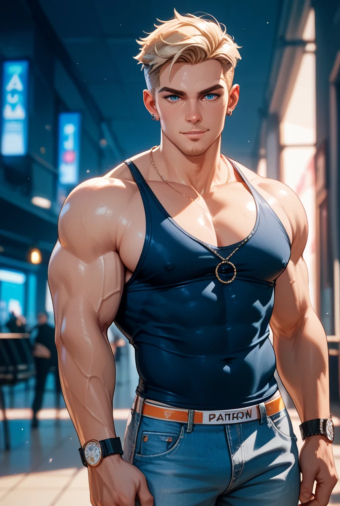 (tmasterpiece, high resolution, ultra - detailed:1.0), (1 boy, Young male, masculine face), Perfect male body, tall and strong, Adult male, Delicate eyes and delicate face, Extremely detailed CG, Unity 8k wallpaper, Complicated details, Detailed face, (blond hair, messy hair, serious faces, white shirts,Bad students), (frown,evil smile:1.3), stad in school corridor, street style, color difference, Depth of field, dramatic shadow, Ray tracing, Best quality, Cinematic lighting, offcial art,Portrait