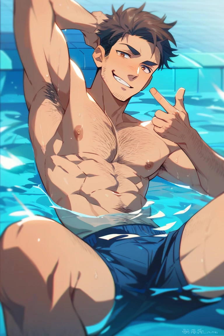 Anime boy in swimming trunks sitting in the pool,Place your hands on your head, Cool anime poses, muscular!!, Anime handsome man, Perfect body, Makoto shinka, shinkai Makoto, Makoto, Tall anime man with blue eyes, male anime character, Handsome guy in the art of slaying demons, muscular!, Hot sun, Makoto kano