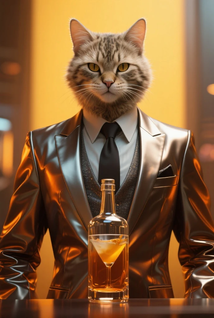 Create for me a cat with the body of a man dressed in a very stylish outfit, sunglasses with a bottle of champagne and surrounded by women in an ostentatious setting, be as realistic and detailed as possible