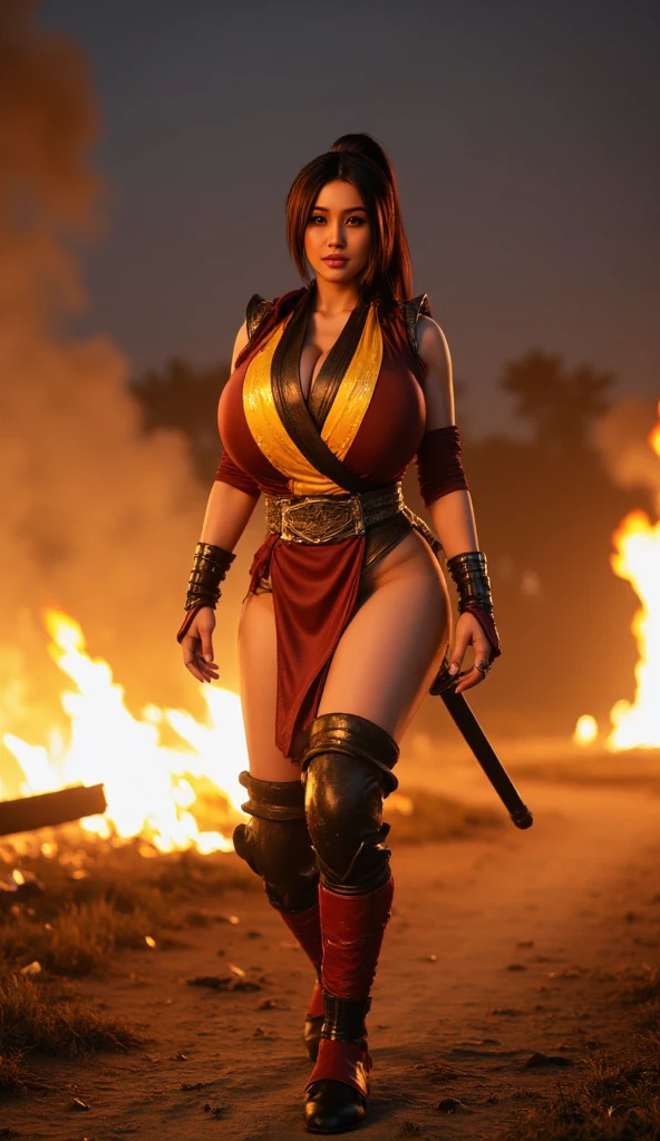 (ultra realistic,32k,RAW photo:1.1),(high detailed skin:1.1),8k uhd,dslr,high quality,film grain,(makeup,mascara:1.1),pouty lips,(thick lips),translucent clothing,shian,silk clothes,ankle wraps,hand wraps,fantasy kimono with long sleeves and a short skirt,sandals,braid,bow,twintails,long hair,black hair,medium breasts,Dark green skin,orc girl,gold eyes,(upper body:1.1),(looking at viewer,dancing:1.1),busty,chubby,(ambient lighting:1.2),bright theme,fun,fire dance,monk,fantasy