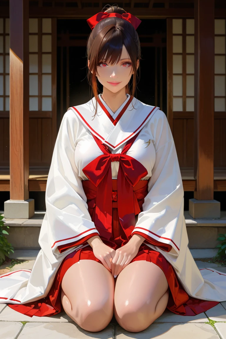 hight resolution, top-quality, ultra-quality, The ultra-detailliert, lighting like a movie、Girl in red priestess dress、Short Hakama、A dark-haired、traditional Japanese room、sitting and spreading her legs、white panties、embarrassed from、
