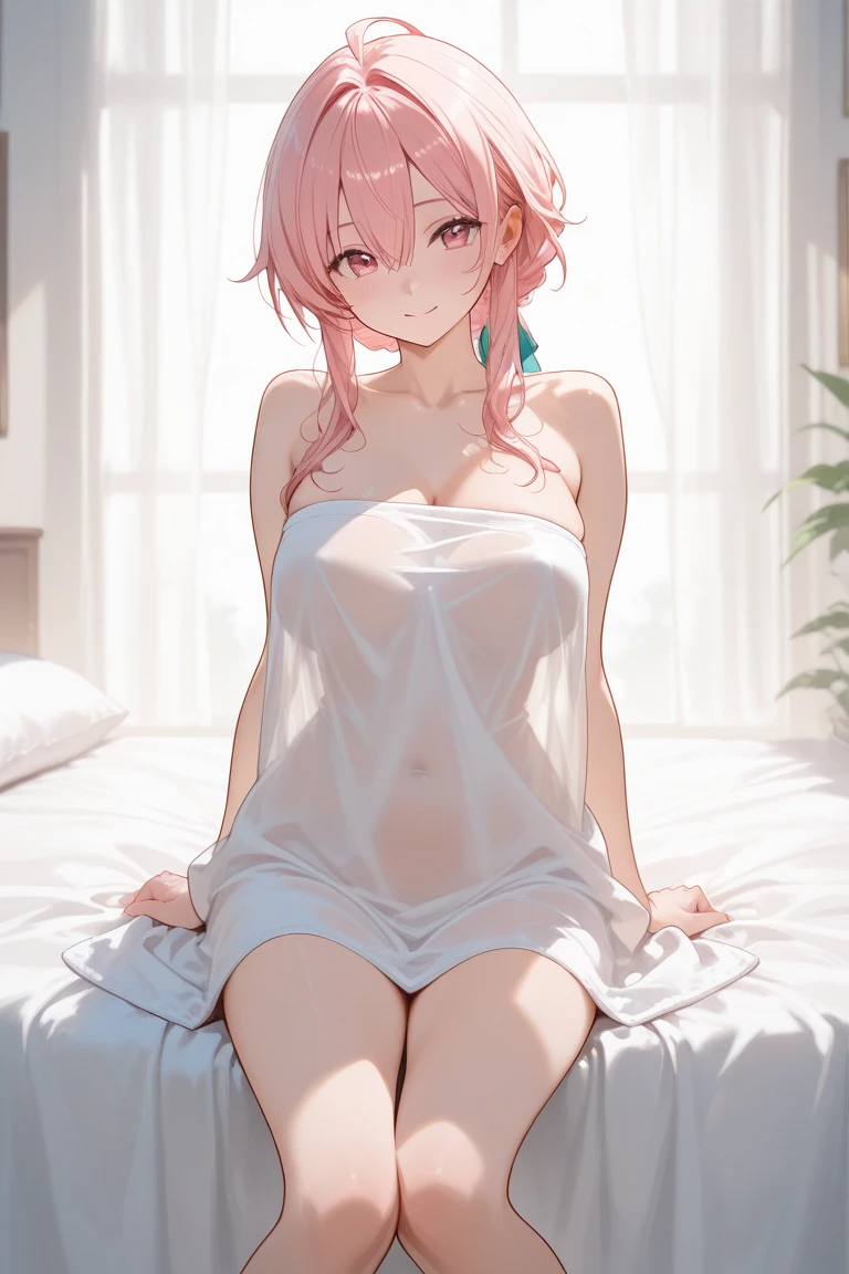 ((8k, Highest quality, masterpiece: 1.3)),Ultra-high resolution,(1 girl, alone), (Color changing eyes, Ultra-detailed, Expressive brilliance, Glitter, Glowing Eyes), Highly detailed eyes, Highly detailed face, Random Hair, ((pastel colour))A confident young woman with pastel coral hair styled into a sleek bob, sitting on the edge of her bed during a vibrant sunrise. She is wearing a white bikini with a plunging neckline that accentuates her cleavage. The camera captures her from a slightly above angle as she leans forward, her elbows resting on her knees, creating a natural emphasis on her chest. The morning light streams through the window, casting a warm glow over her and the room, which is decorated in soft, neutral tones that complement her elegant pose.