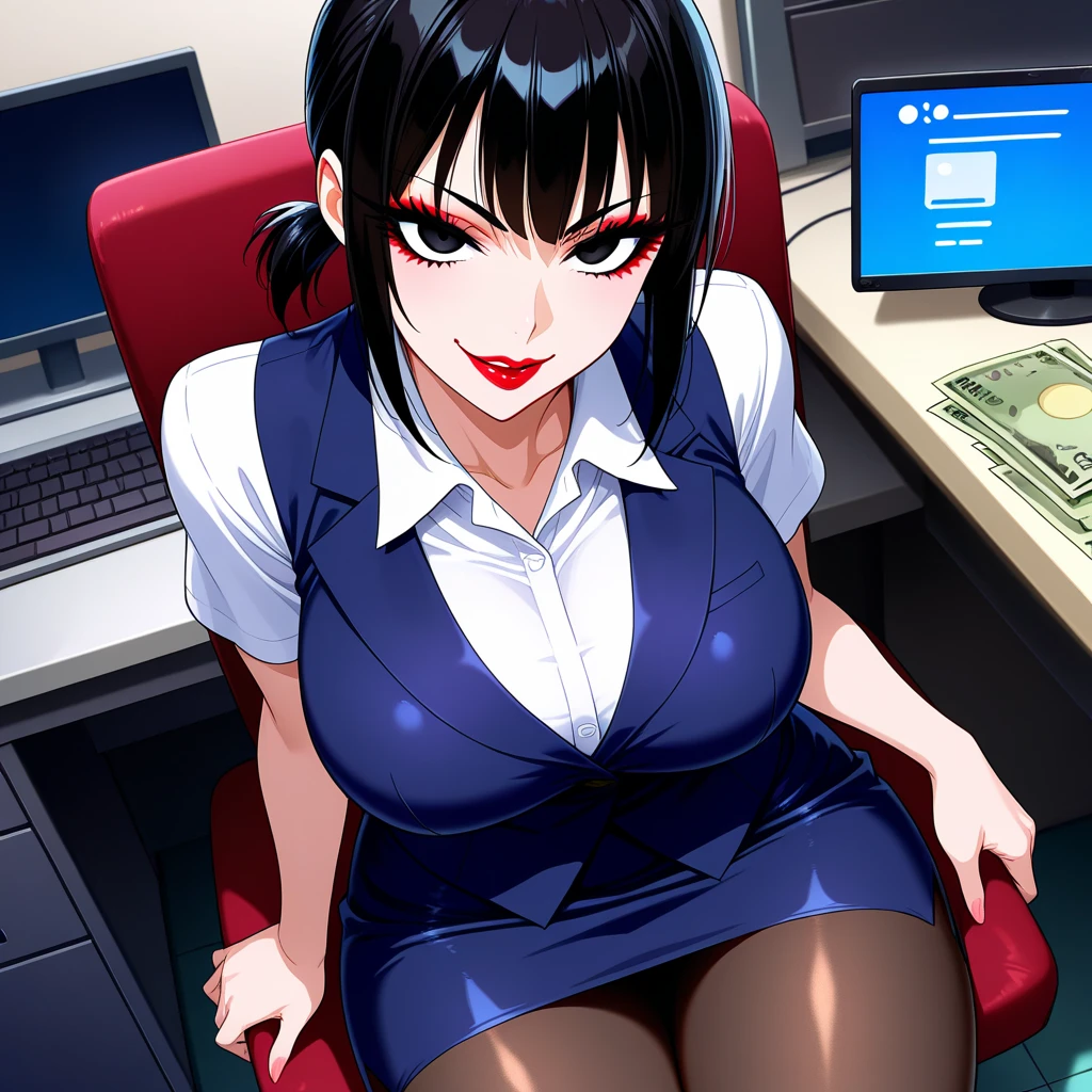 NSFW, LWRD, In a dimly lit office, Governor Rottenmeier, a stunning 35-year-old femme fatale, sits confidently at her table, exuding an aura of mystery and menace. Her athletic physique is showcased by the tight black coat and mini skirt, while her perfectly beautiful body glows under the soft light. A sly smile plays on her lips as she brandishes a sharp, lustrous black karambit knife, its edge glinting menacingly in the faint glow. Her short black hair frames her detailed face, with intense blue eyes and arched eyebrows that seem to pierce through the darkness. The air is thick with a sense of foreboding as she gazes seductively at him with lewd eyes that hide a murderous intent, her dark red lipstick glistening like a siren's call., masterpiece, incredibly absurd resolution, absolutely resolution, ultra high resolution, Mature Female, MILF, professional, vivid colors, athletic physique, perfect anatomy, ideal facial features, ideally proportioned figure, perfectly beautiful body,