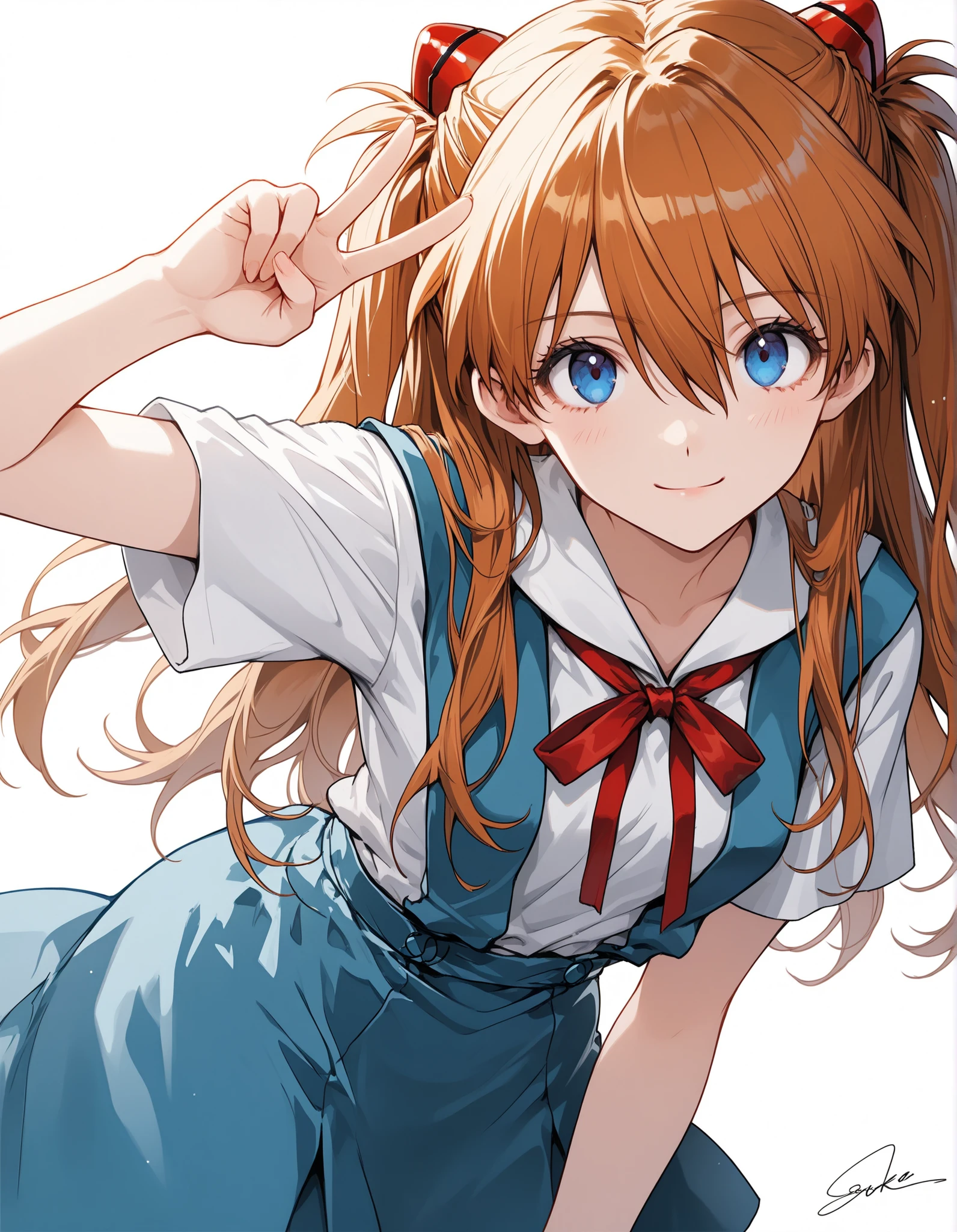 1girl,souryuu asuka langley,solo,long hair,,blue eyes,smile,white background,ribbon,shirt,simple background,orange hair,short sleeves,skirt,red ribbon,neck ribbon,white shirt,bangs,hair between eyes,looking at viewer,tokyo-3 middle ,signature,closed mouth,two side up,hair ornament,suspender skirt,interface headset,suspenders,v,cowboy shot,blue skirt,