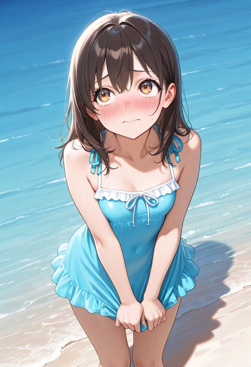 (masterpiece, Highest quality, Highest quality, Official Art, beautifully、aesthetic:1.2), (One girl, cute, Short body:1.3), Very detailed, colorful, Most detailed ((Super detailed)), (Highly detailed CG illustrations), ((Very delicate and beautiful)),(8K Photo Quality, 究極のShine肌, Detailed skin, Ultimate detailed face),Outdoor, Beach, Ocean, Black Hair, Super long twin tails, Are standing, blue eyes, Tight waist, Small breasts, Shiny nipples,Ribbon choker,((Particles of light, Lens flare, Depth of written boundary, Shine, Bokeh, 斑点模様のDay光, Day), Front tie bikini top, Checkered swimsuit, Side tie bikini bottom, smile),break, (Has a pink inner tube:1.2), Focus Only, View your viewers, Growing pubic hair