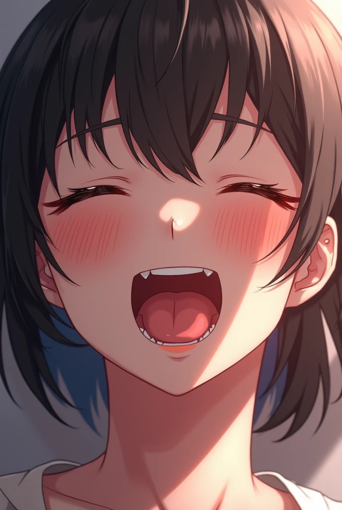 nsfw,1 girl,Solo,hair,(black hair:1),uvula,portrait,masterpiece, best quality, very aesthetic, absurdres,looking at viewer,split,(Black clothing),pov,open mouth,White Breath,shiny,gloss,heavy_breathing,mouth pull