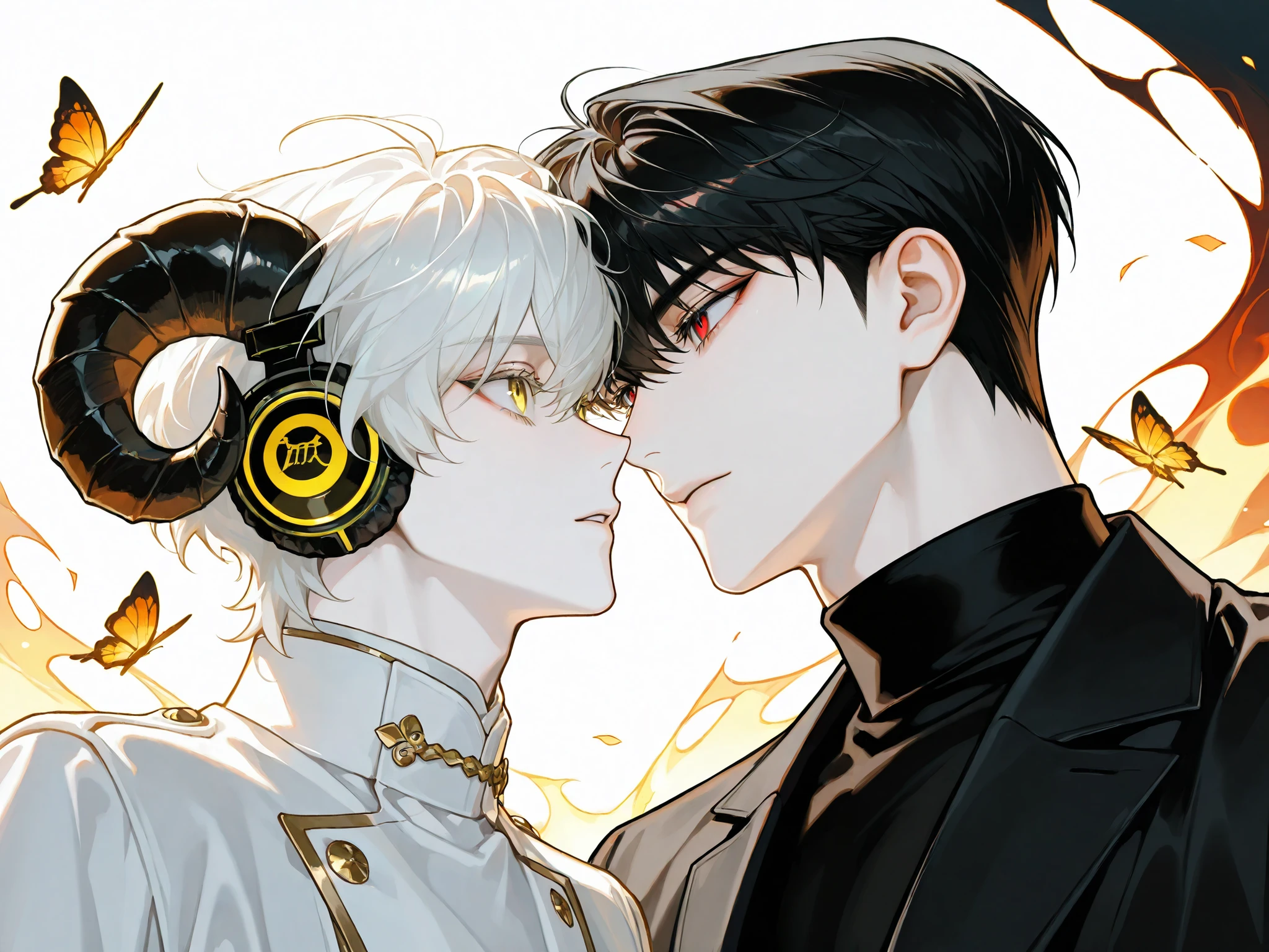 4k , 8k , (1 man, white hair, short hair, soft pastel yellow eyes, pale skin, wearing a black turtleneck with white coat, white coat, sheep horns, Turn to the left)
(1 man, black eyes, black hair, short hair, red eyes, pale skin, wearing a black turtleneck with white coat, black coat, sheep horns, Turn to the right) twin, Face to face, butterfly headphones,ผู้ใหญ่ ,หล่อ, ชายอายุ 25 ปี, novel , manhwa , handsome man , very details , good focus, hair details, very anime eyes detais, ตรงตามกายวิภาคมนุษย์ ,ร่างกายสมส่วน, The background is decorated with aura colors, The left side is black and red, the right side is white and yellow, There are a few black and white butterflies flying around ((only two man))