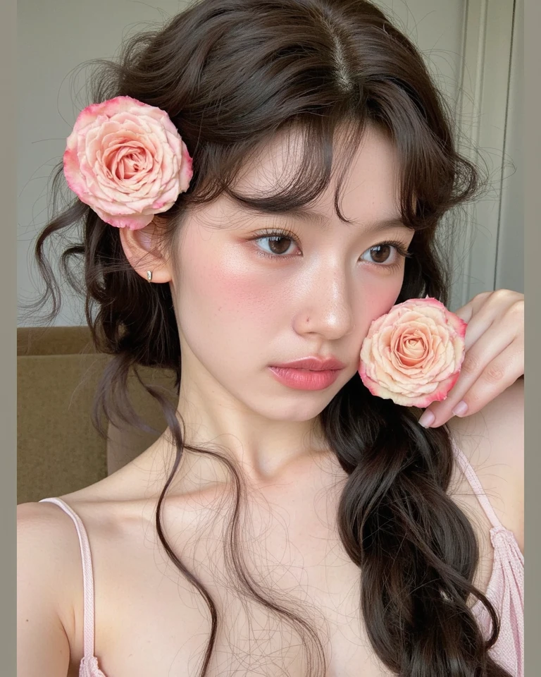 Kim Jennie de blackpink con el cabello rubio claro, cabello rubio con ondulado, cabello de color rubio ondulado, with small fringes, ojos color negro, nariz respingada y bonita, labios gruesos, Cupid and heart shaped lips...., labios rosas, pale, piel blanca, piel bonita y suave, con pecas y lunares, cejas bonitas, marked and beautiful clavicle, mientras tiene un polo con rosas color rojo tinto, rojo oscuro, con ropa interior femenina, con un short corto, short bonito y corto, abdomen delgado y bonito, escote desnudo, (pechos grandes, pechos suaves, pechos naturales, escote desnudo), mientras agarra una rosa,  mirando a la camara, autofoto