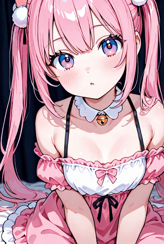 Girls with pink hair, long double-tailed hairstyle, ((small pink bushy eyebrows)), wearing lolita clothing, shorts, marked vagina, lolicon (Zankuro) drawing style by zankuro artist, Zancro style, image uploaded to R34, flirty smile, take a selfie from below, close-up, (( showing pubes )) in restaurant ((grabbing breast each other))