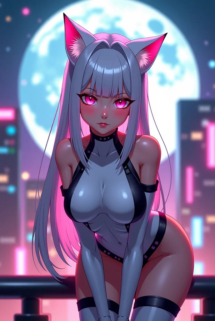 1 girl, smile, length hair, white hair, pink hair, rippled hair, Große breasts, breasts, ear rings, blue eyes, Red lips, pale face, ass pov, jewellery, Hair clammer, hair ornaments, Stern-hair ornaments, animal ears, cat ears, multi-colored hair, violet eyes, blue eyes, yellow  eyes, pink eyes, fang, grin, Make-up, Heterochromie, Fangs, Dummes smile, doyagao, drunk, sparkling eyes, pale face, tsundere, envious, longeyelashes, naughty face, naughty, torogao, blushing, 