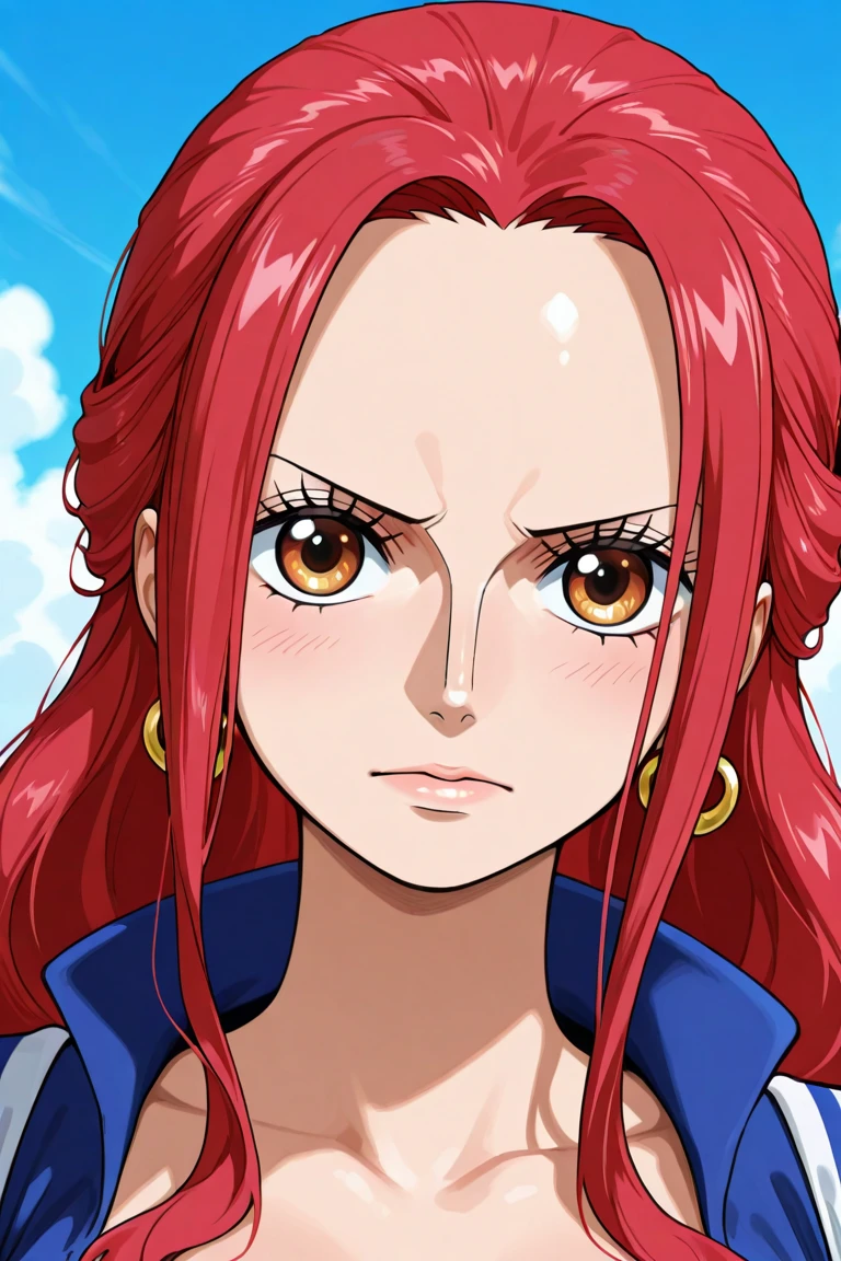 Redhead girl with bangs and long straight hair, curtain, blue colored eyes, Estilo One Piece