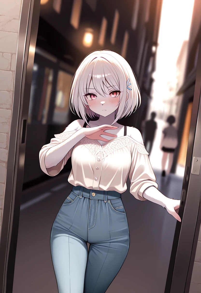 (Highest quality, High resolution, Very detailed), Silver Hair, Super short hair, Reddish brown eyes, sweater dress, lace thong, Large Breasts, Perfect Makeup, 24th generation, Beautiful woman, mature, quiet, Calm, A small smile, city Street,