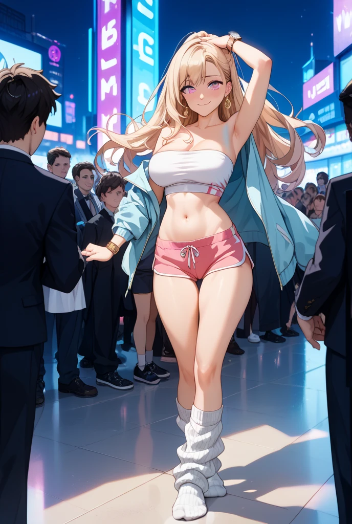 (masterpiece, best quality, high resolution: 1.4), 1girl, woman, butterfly star, horn tiara, looking at the viewer, underwear, in public, embarrassed, walking in public, in shame, people looking at her, cheeks rosy with shame, tears in her eyes, pink micro bikini, hands holding breasts, huge breasts, loose breasts, blue eyes, exhibitionist, ((topless)), ((grabbing breasts:1.5)),  groping, ((surrounded by people:1.5)), ((people watching:1.5)),