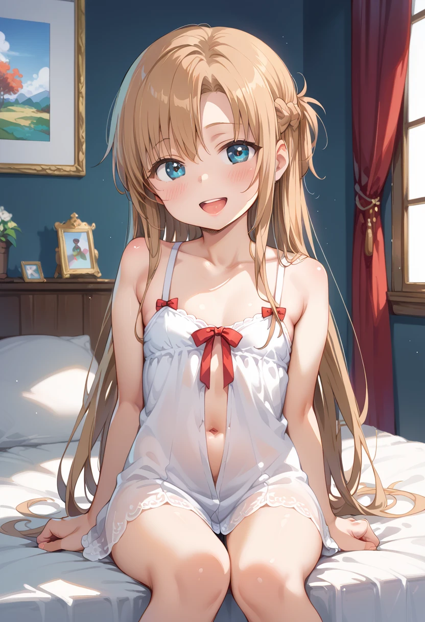 absurdres, (masterpiece, best quality), (ultra-detailed), extremely detailed, super high resolution, (Top Quality photorealistic Illustration), (Super Definition), (best quality,masterpiece:1.0),(cute illustration:1.3), (high Saturation:1.2), highres, ultra-detailed, 32k,8k resolution, intricate details, cinematic scene, detailed background, detailed background,(masutepiece:1.2), (Best Quality:1.2), hyper detailed illustration, beautiful artwork,(Extreme detail CG Unity), (8K Wallpaper)、(exquisite lighting and shadow)、(highly dramatic picture)、(cinematic lens effects),strong light coming in, BREAK 1 girl, (aaerika:1.8),cute girl, (round face:1.6), (baby face:1.6), (kawaii:1.6), (cute:1.6), ( face:1.6), (round eyes), (ultra-detailed brilliant big eyes), (large pupil), ((shiny skin)), ((pale skin)), (shy), (blush), smile, BREAK baby pink eyes, long hair, twintails, hair ribbon, , neck ribbon, BREAK (completely nude:1.8),medium breasts, (small nipples:1.2), (small areolas:1.2),(Sitting on the bed),knees up, Big smile Evil smile