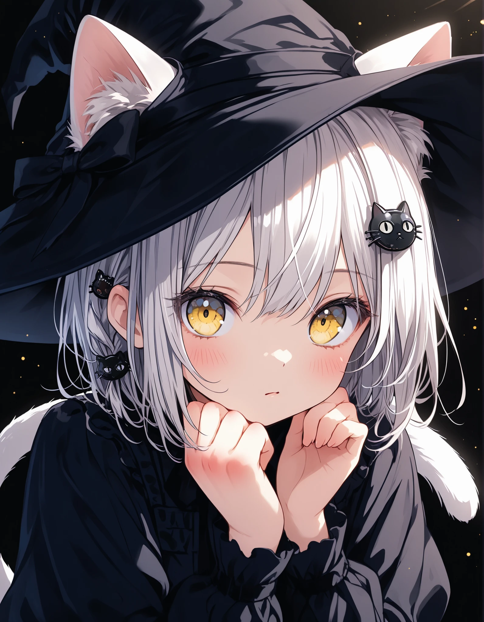 solo, anime, (perfect hands), (perfect anatomy), cinematic shadow, cinematic light, cute and sensitive,body blush, characters focus, detailed eyes, detailed skins, (koneko toujou), short hair, hair ornament, cat hair ornament, yellow eyes, white hair,cat ears,cat tail,cat girl, portrait shot, (black long deress), witch hat, standing, safe