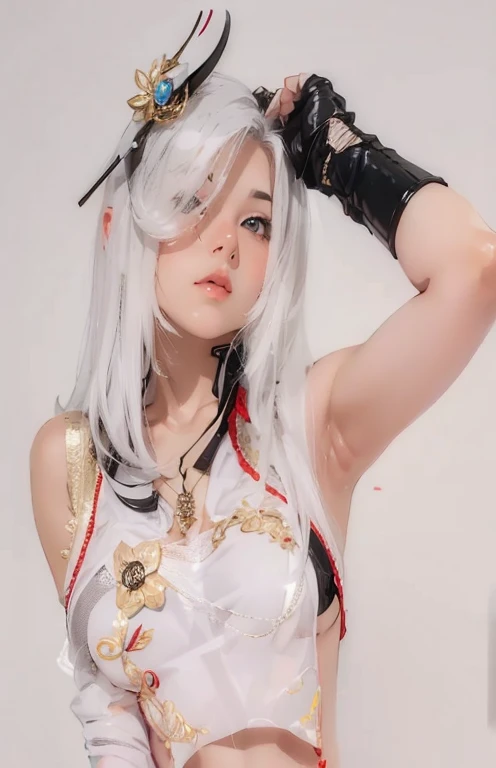 photorealistic, high resolution, 1women, mature female, solo, hips up, jewelry, tattoo, white hair, long hair, make up, red lips, cheongsam, chinese_clothes, licking cream, 1girl, open mouth, holding, food, tongue, tongue out, blurry, ice cream, ice cream cone