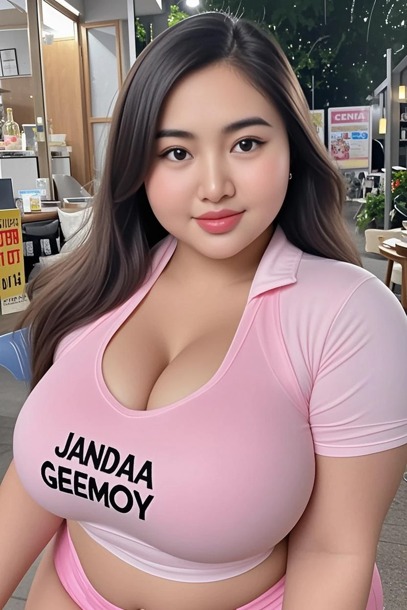 (((magazine's cover))),((tea room)),(huge breasts:1.4) ,(thai woman:1.4),(highponytail),(forehead),(pink V-neck sweater),thin waist,(smile:1.3),small mole under the eye,cowboy shot:1.3, 