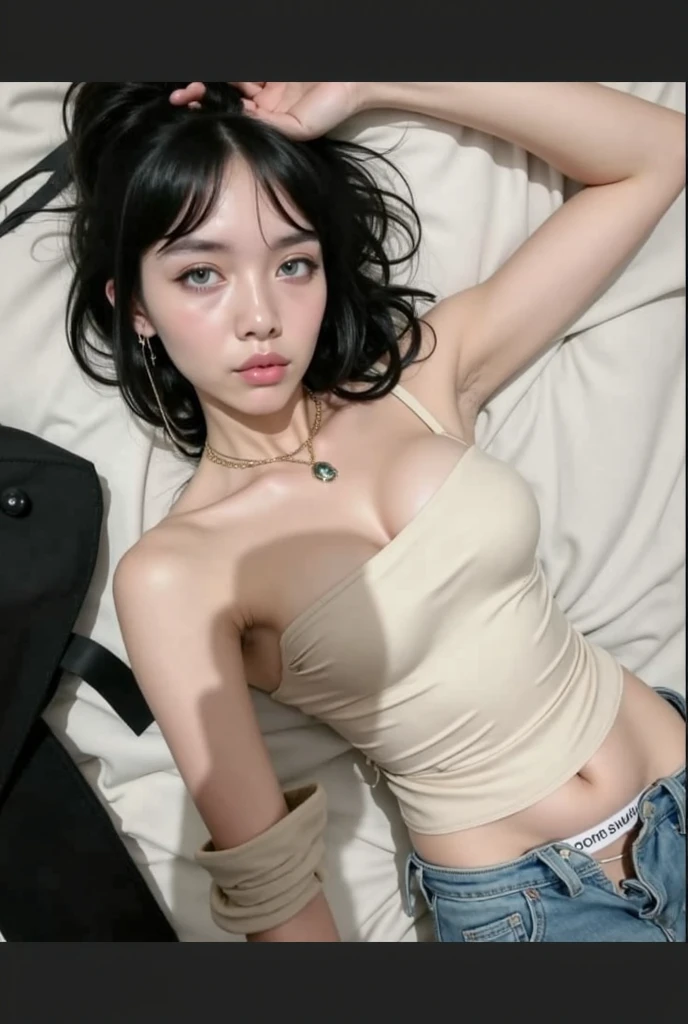 araffed woman laying on a bed with a stuffed animal, korean girl, beautiful south korean woman, gorgeous young korean woman, pale fair skin!!, cute girl wearing tank suit, cruel korean goth girl, (12x) extremely pale white skin, 2 4 year old female model, dilraba dilmurat, instagram model, gorgeous chinese model, blackpink jennie, blackpink Lisa