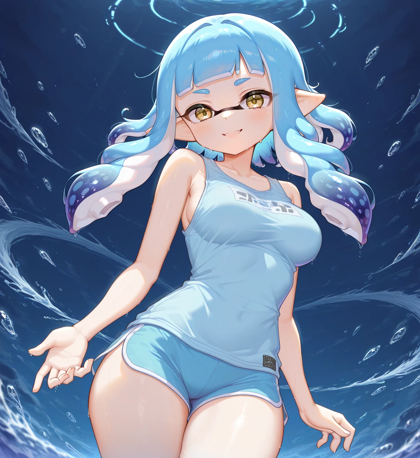 Long Hair, chest, View your viewers, blush, smile, Open your mouth, bangs, blue eyes, 大きなchest, Knee socks, gloves, ribbon, belly button, chestの谷間, Transparent swimsuit, whole body, Gray Hair, 巨大なchest, (巨大なchest: 1.8), Green Hair, horn, Pointed Ears, Blunt bangs, Raise your arms, (1People Women), (Side tie bikini bottom), (Transparent micro bikini), ((White tiny micro bikini)), wave hands