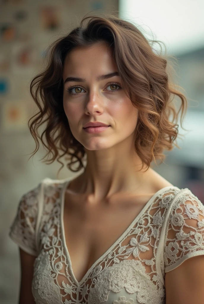 (full body), (standing), a 40 year old woman looking into the camera, short curly hair, detailed beautiful face, slightly smiling, striped unbuttoned blouse, cleavage, action shot, glasses, empty office background, daytime, photo realistic, CG, art station, masterpiece, HD photography