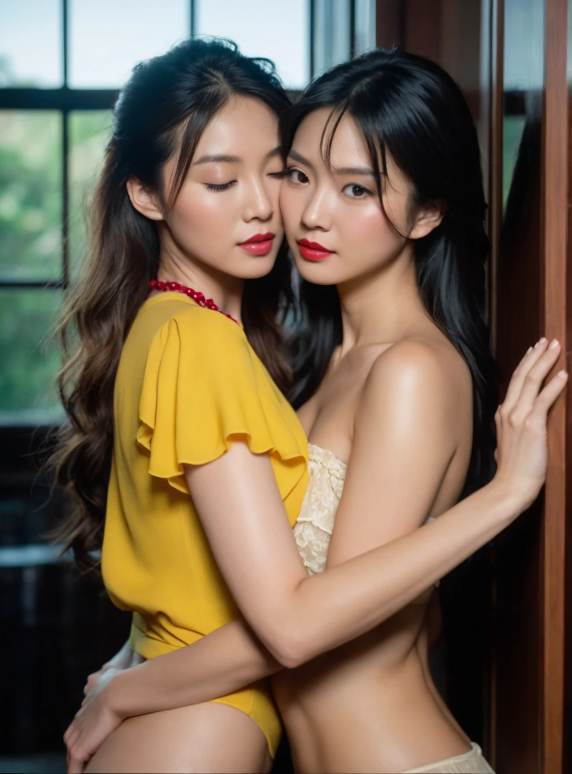 Two stunning Indian girls sharing a passionate kiss, their lips locked together in a sensual display of affection. They are wearing vibrant sarees that hug their bodies, accentuating their curves and adding a touch of traditional elegance to the scene. Their ample bosoms press against each other, creating an enticing visual contrast. The intricate details of their sarees and the softness of the fabric lend a tactile quality to the image. Their long, lustrous hair cascades down their backs, adding an element of sensuality to the composition. Photo taken by Ellen von Unwerth with a Canon EOS R6 and a 50mm lens. The lighting is a mix of studio lighting and volumetric lighting, casting a warm glow on the girls and creating a dreamy atmosphere. 8K, Ultra-HD, Super-Resolution. --v 5 --q 2
