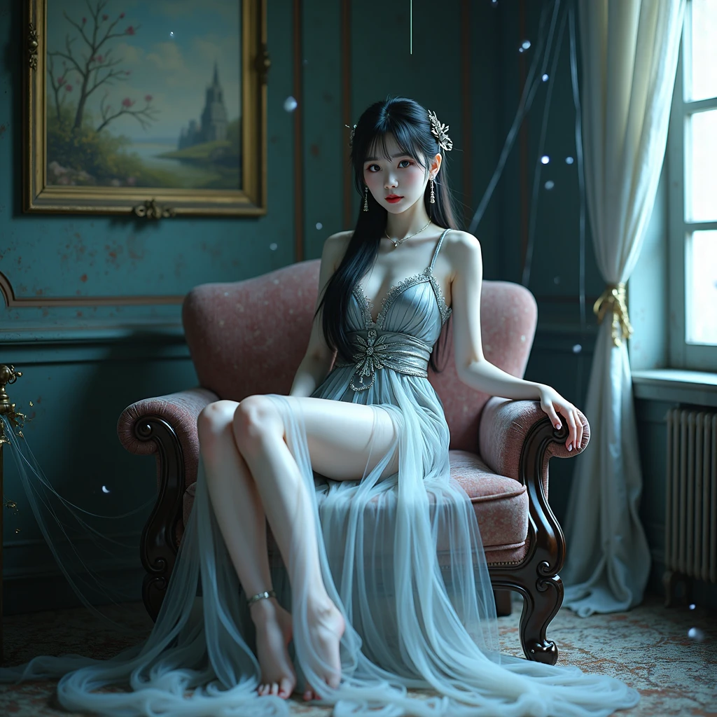 dress, 8k, best quality, masterpiece, Shoot real, hide your face happiness, Alice Gainsborough, sitting, whole body, bare shoulders, Plump breasts, cleavage, slender legs, Sexy beautiful legs, external, covered with snow, high quality, Adobe lamp room, High detail skin, looking at the audience,