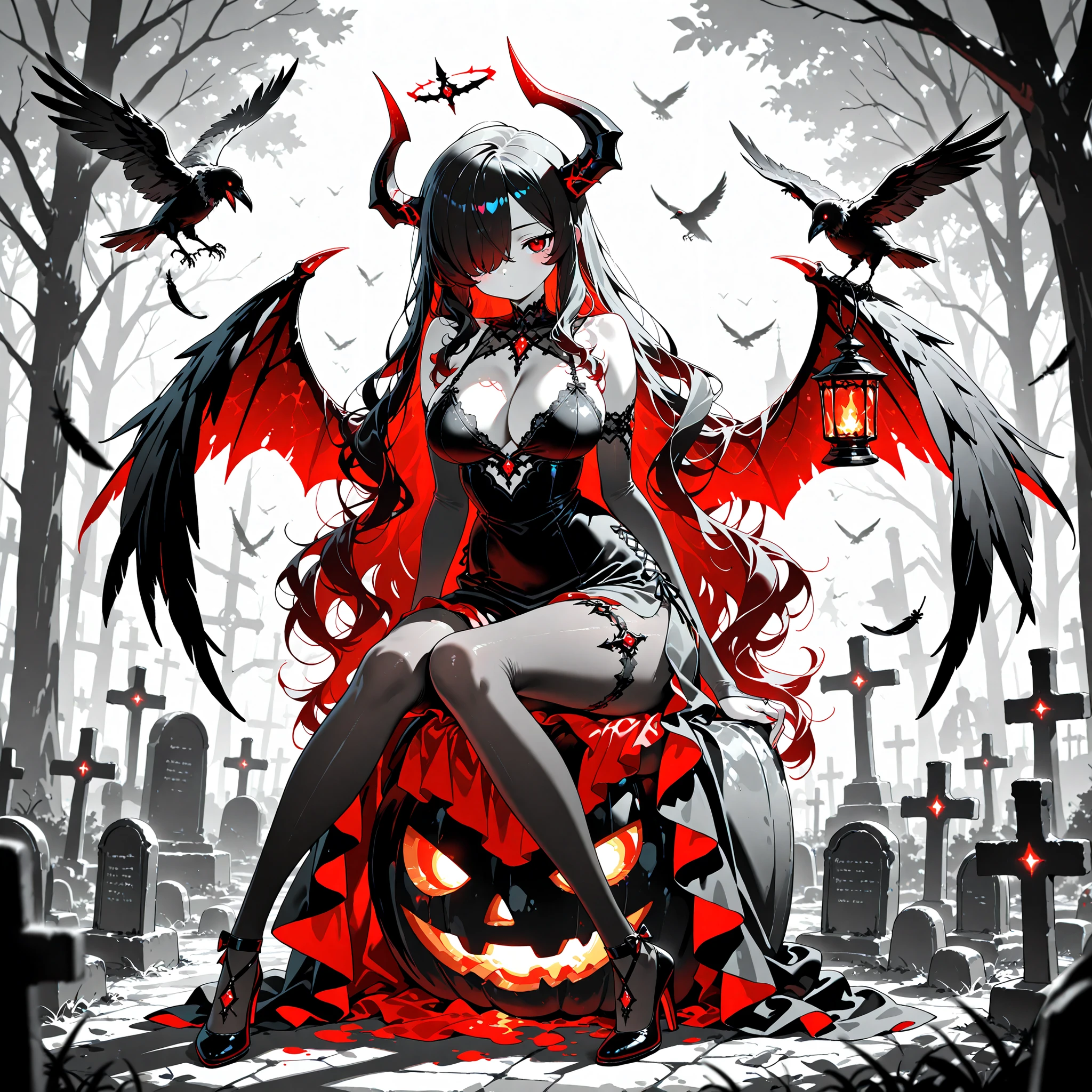 (EyesHD:1.2), masterpiece, best quality, ultra-detailed, very aesthetic, sharp focus, depth of field, vibrant colors, ray tracing, best lighting, detailed illustration, detailed background, cinematic, beautiful face, beautiful eyes, wings on an old gravestone, 1girl, Kuroki Monika, black hair, very long hair, hair over right eye, red eyes, large breasts, (petite but curvy, very cute), tombstone, solo, horns, pantyhose, wings, graveyard, black dress, dress, sitting, breasts, bridal gauntlets, high heels, halloween, black footwear, crow, raven, lantern,((Anime illustration)) ((Masterpiece)) ((Highest quality)),,,Monami, spot color, hatching (texture),shadow play,double exposure,gradient color,silhouette