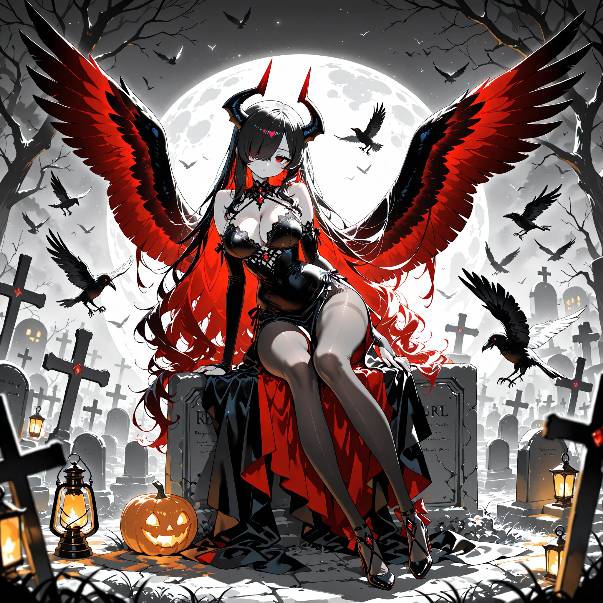 (EyesHD:1.2), masterpiece, best quality, ultra-detailed, very aesthetic, sharp focus, depth of field, vibrant colors, ray tracing, best lighting, detailed illustration, detailed background, cinematic, beautiful face, beautiful eyes, wings on an old gravestone, 1girl, Kuroki Monika, black hair, very long hair, hair over right eye, red eyes, large breasts, (petite but curvy, very cute), tombstone, solo, horns, pantyhose, wings, graveyard, black dress, dress, sitting, breasts, bridal gauntlets, high heels, halloween, black footwear, crow, raven, lantern,((Anime illustration)) ((Masterpiece)) ((Highest quality)),,,Monami, spot color, hatching (texture),shadow play,double exposure,gradient color,silhouette