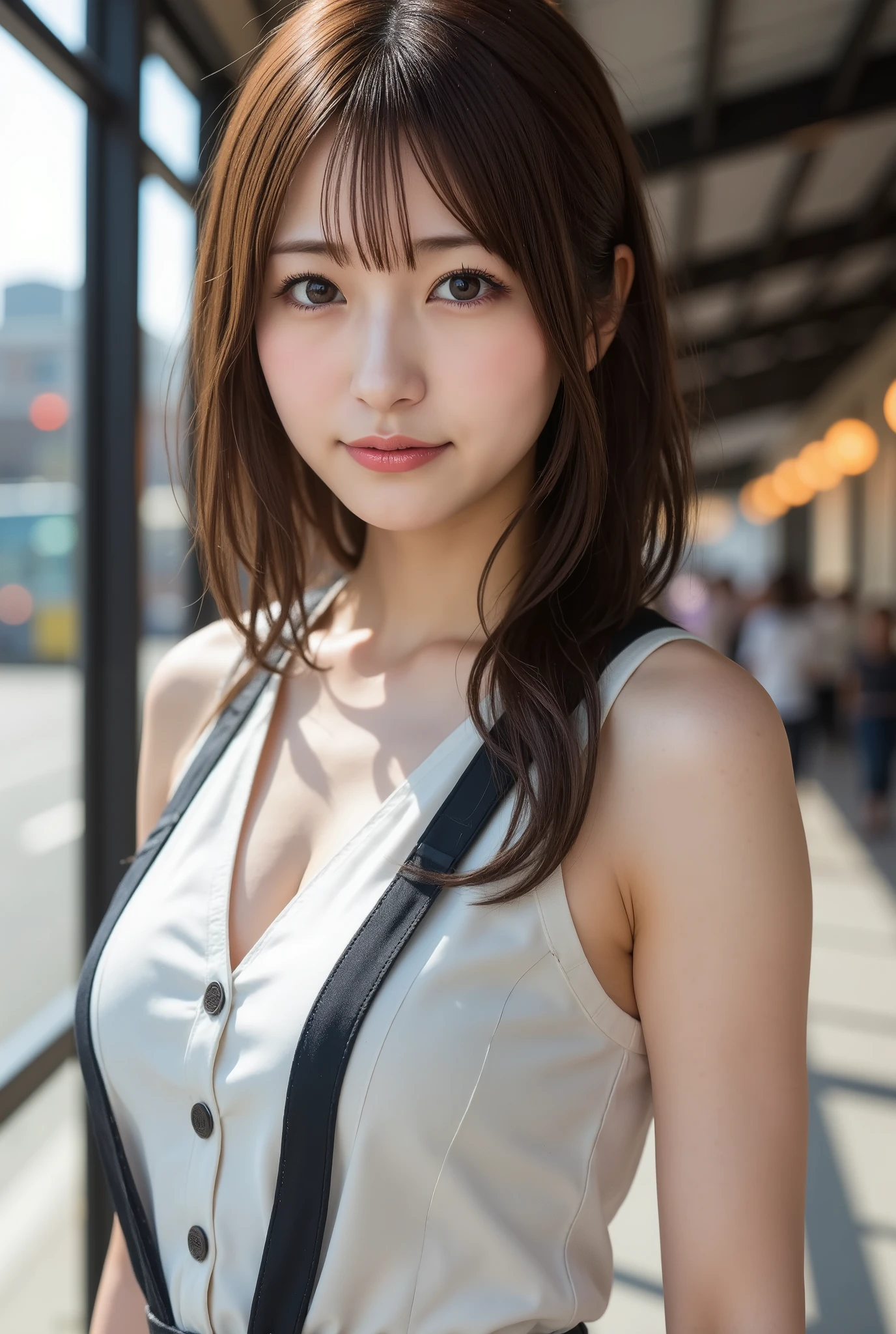 (8k、Raw photo、Highest quality、masterpiece:1.2)、(Realistic、Photorealistic:1.37)、Ultra-detailed、Ultra-high resolution、1 girl、26 years old、Seeing the viewer、Beautifully detailed face、Crying face、profile、narrow、(Slim waist) :1.3)、Simple clothing、Beautifully detailed skin、Skin Texture、Floating Hair、Tie your hair together、Shapely large breasts、Professional Lighting、evening、Waiting for a traffic light、(((Moles in the eyes)))、Human whole body、Black Hair、((Embarrassing appearance))、ponytail