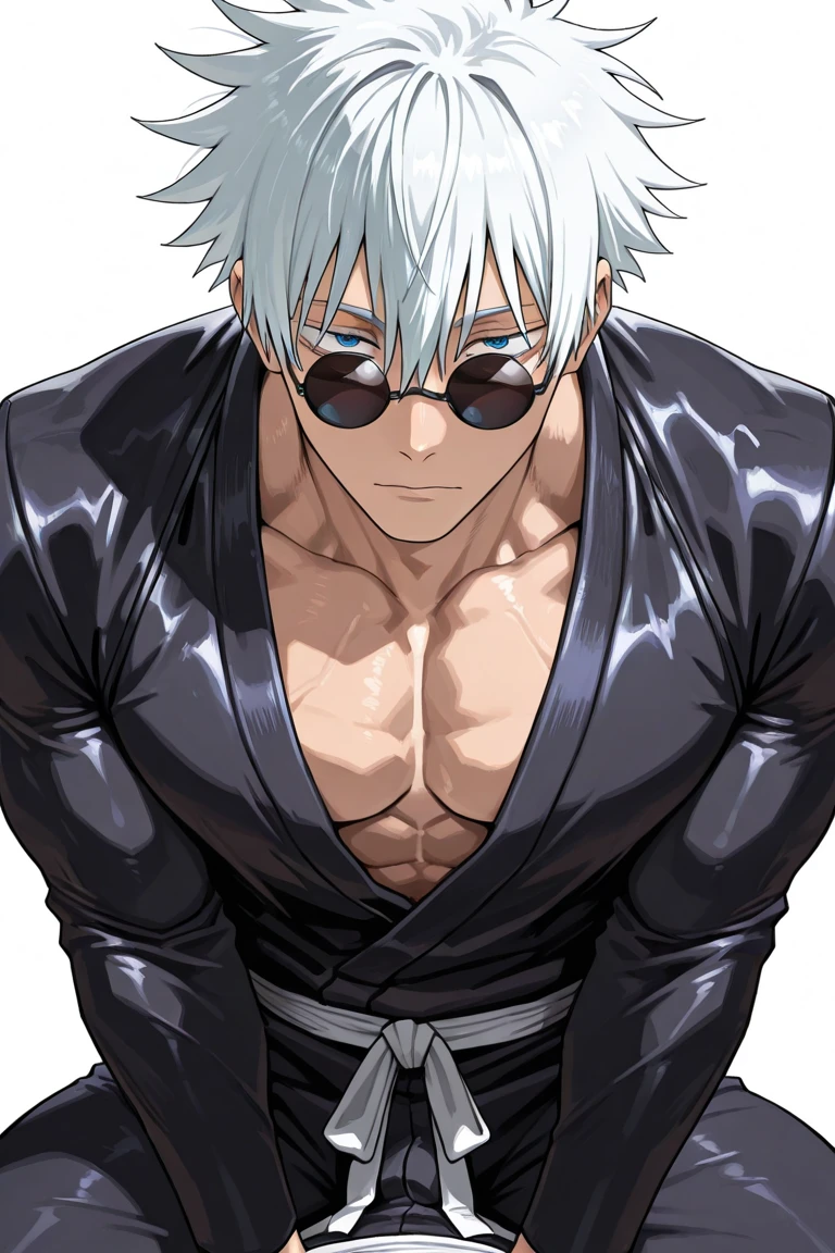 Gojo Satoru from (jujutsu kaisen) is a tall, lean man with a striking appearance. He has white hair, often styled in a spiky manner, and his most distinctive feature is his brilliant blue eyes, which he usually covers with a black blindfold or dark sunglasses. He's undress showing of his 8 packs well defined body with a 8 inch dick
