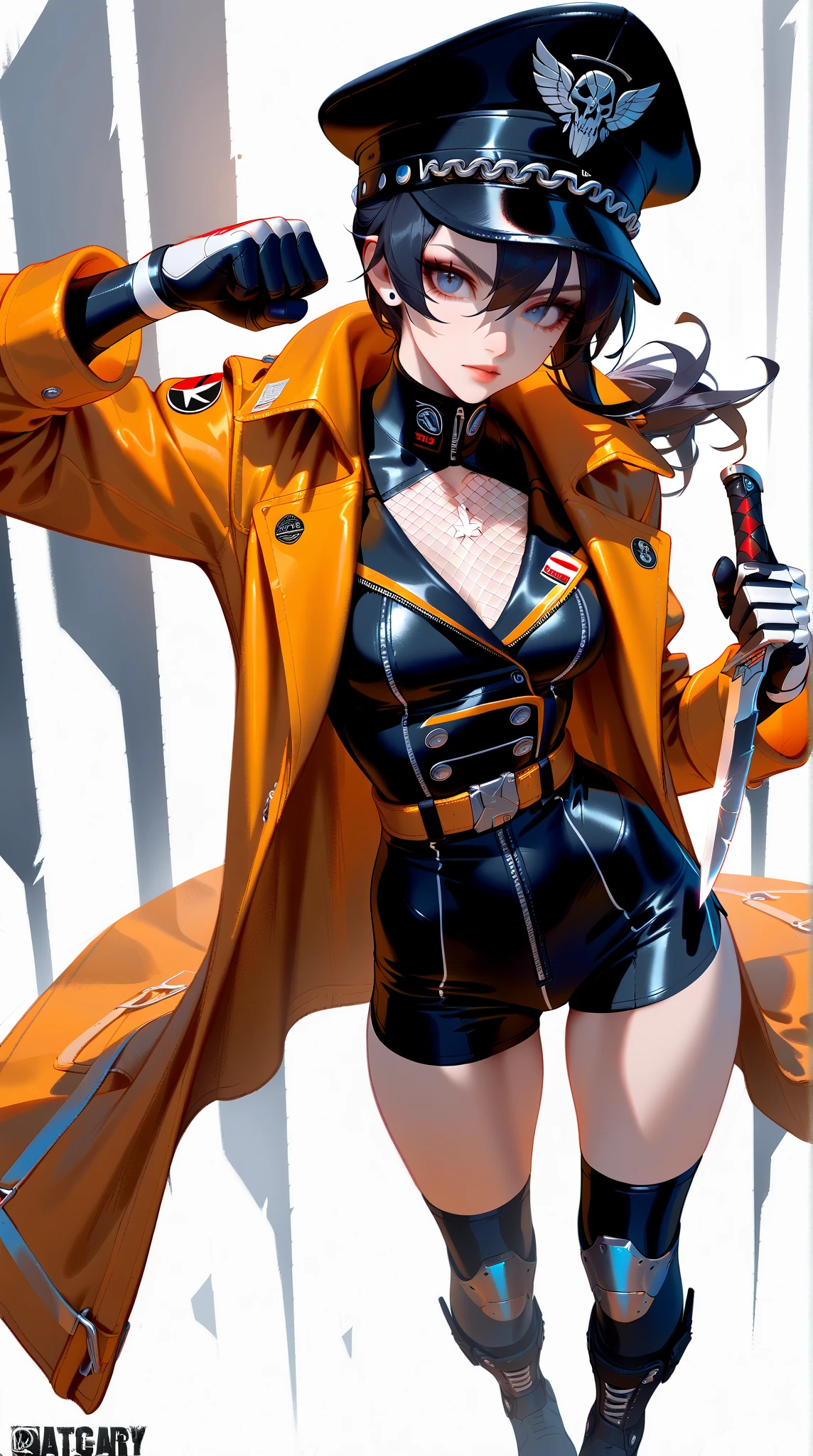 american shot view, Anime, professional anime style, (Only 1 woman), ((From head to toe)), Diane is a beautiful woman with a perfect body with purple eyes, Her hair is brown and long, which she wears tied in two long ponytails on each side of her head, she has a young and beautiful appearance, she wears an orange one-piece suit that ends with a (solo short miniskirt), boots that extend almost to her knees, and a metal glove with glitter inlays. metal nuggets, intricate details