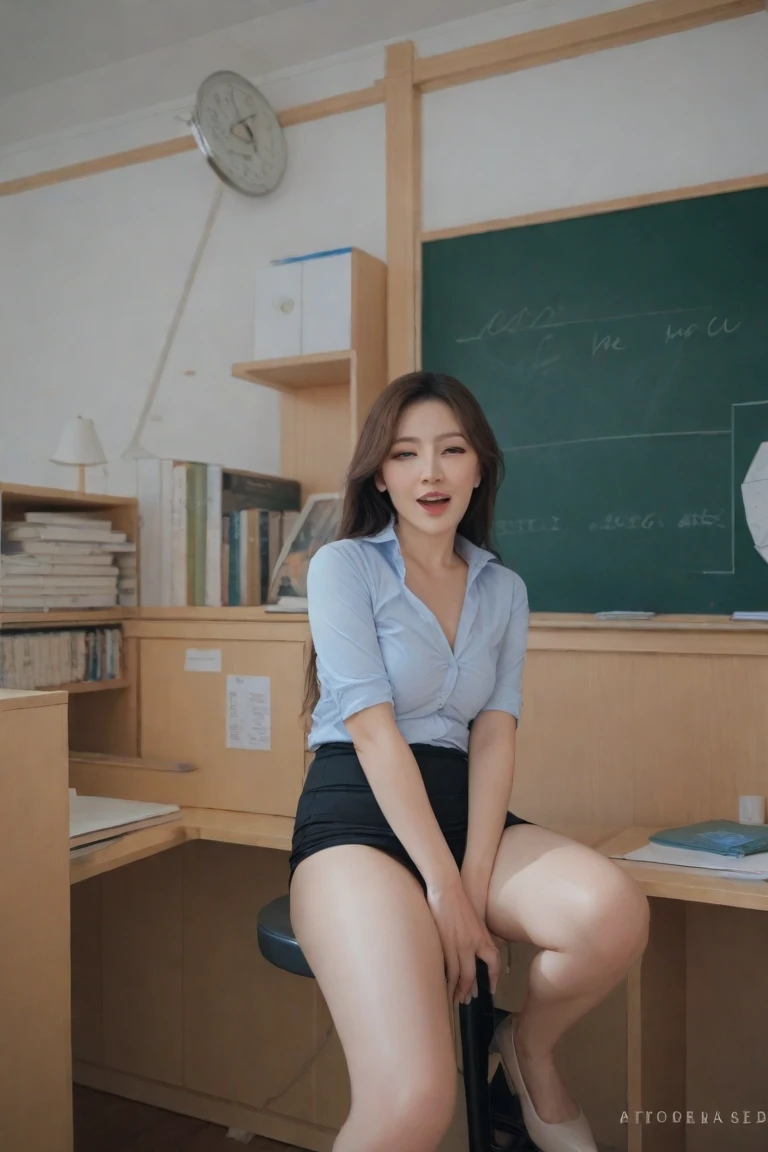 8k Raw Photo, 17 years old, Nancy, momoland, nancymomoland, naked, nude, (170 centimeter height), (perfect body, idol face, sensual smile), (unbuttoning long sleeve shirt, tie, showing nipples), (lifting skirt high, (pussy, goodpussy1, BSP), spreading legs on the chair), temptating in front of busy naked class room,studying, ( shot from below), 