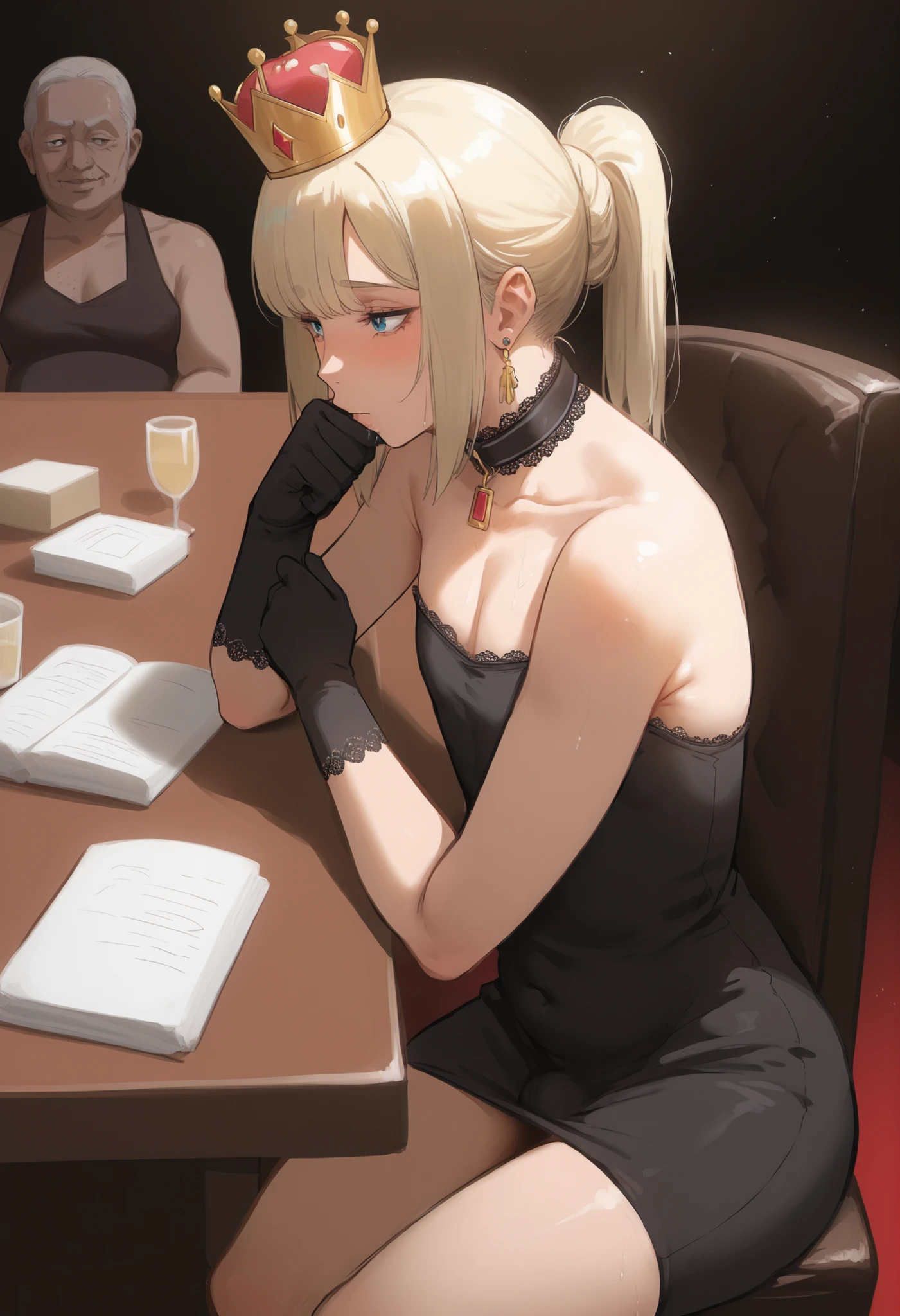 score_9, score_8_up, (candydoII boy with milfy slim sculpted body), puffy thicc man-chest:1.2, puffy chest, solo sugar femboy w/ mature body, (anime mature femboy with pale-blonde shoulder-length hair with swept bangs), (mommy style loose low short ponytail over houlder), masterpiece, best quality, (taken from dynamic masterful angles), anime moe artstyle, well-toned waifu, (mature extremelybeautifulfemboy with lean perfection abdomen:1.5), in royalty kingly study on matter of state with older ugly fat ojiisan council men, (ample littIe femboys natural smaII puffy thicc man-chest), Curvy body, (thick fleshy arms), oh my god that arms are so sexy!!, Hd eyes, BREAK, Half body photograph of a cute and attractive erotic femboy in a secluded indoor kingly royal dining hall ::3 dinner royal party, form - fitting sleeveless bare-shoulder strapless Bodycon nightclubing party mini bodycon with cleavage that accentuates his perfect body ::2, bodyconian, lace collar, strapless, bareshoulder sleeveless, prince crown-tiara, fixing hair behind ear, sitting on royal chair by the royal table - arm on table hand supported cheek, with ugly fat older ojiisan men in background settings, femboys an effeminate-prince attend to paunchy noblemen to chat, wide view, full of men baclground settings:1.2, ugly fat old man huge veiny girthy flaccid cock leaking cum on book, (balding fat old man hugging and fondling femboys erotic puffy flat man-chest), (balding fat old man with receeding hair), old man kisses femboys cheek, BREAK, Photograph captured using a Canon 6D Mark II with an 85mm lens at f/ 4 and ISO 100 ::3 Glamour shot, award - winning photograph, sharp focus, dynamic lighting ::1, from side, half body high angle cowboy shot,
