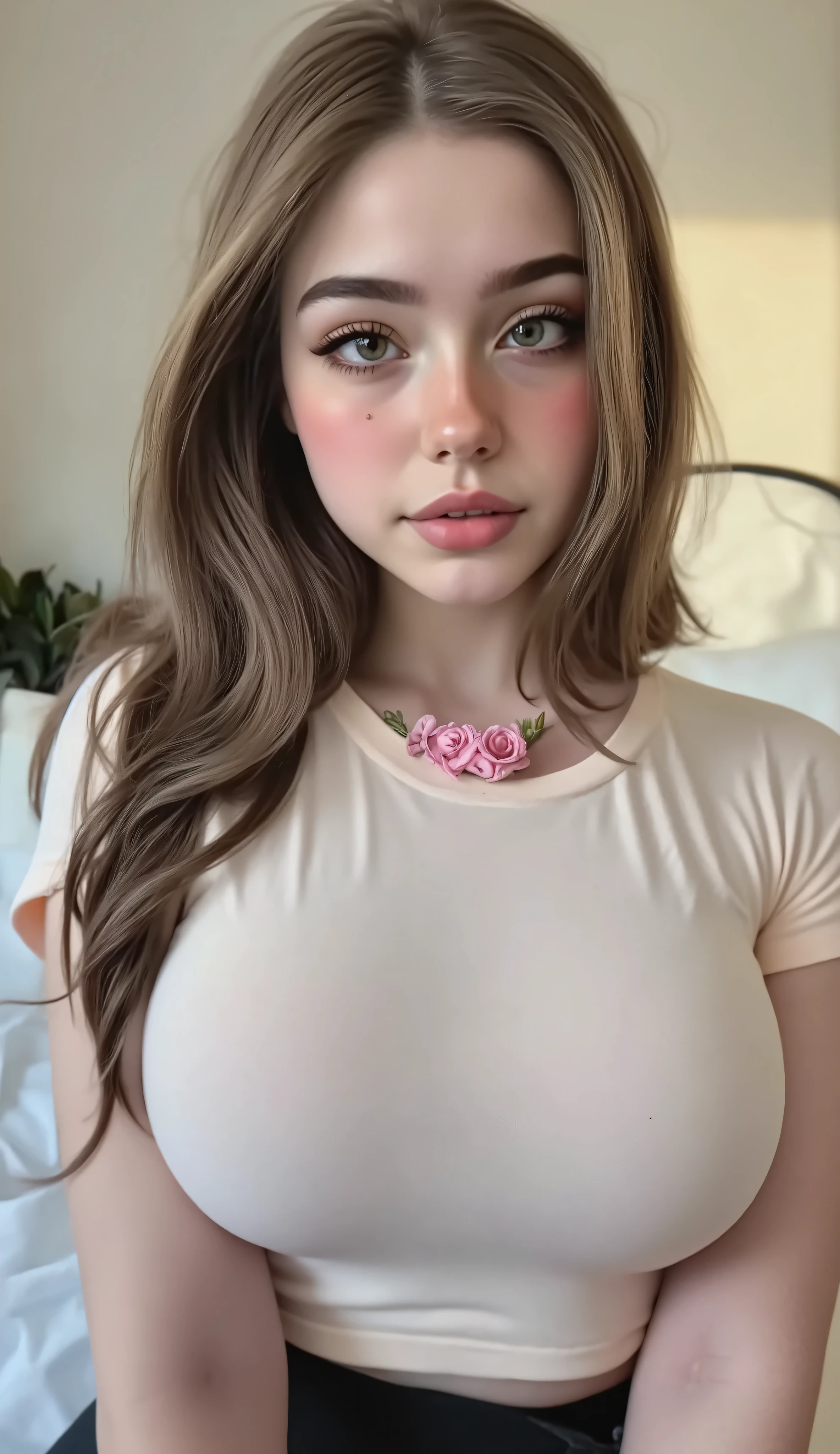 A beautiful woman with fair skin and long light brown hair, dressed in a tight peach-colored t-shirt that clings softly to her hourglass figure and full bust. Her pink floral necklace blends subtly with the soft tones. She stands calmly in a cozy bedroom with warm daylight. Feminine, sweet, and photorealistic.