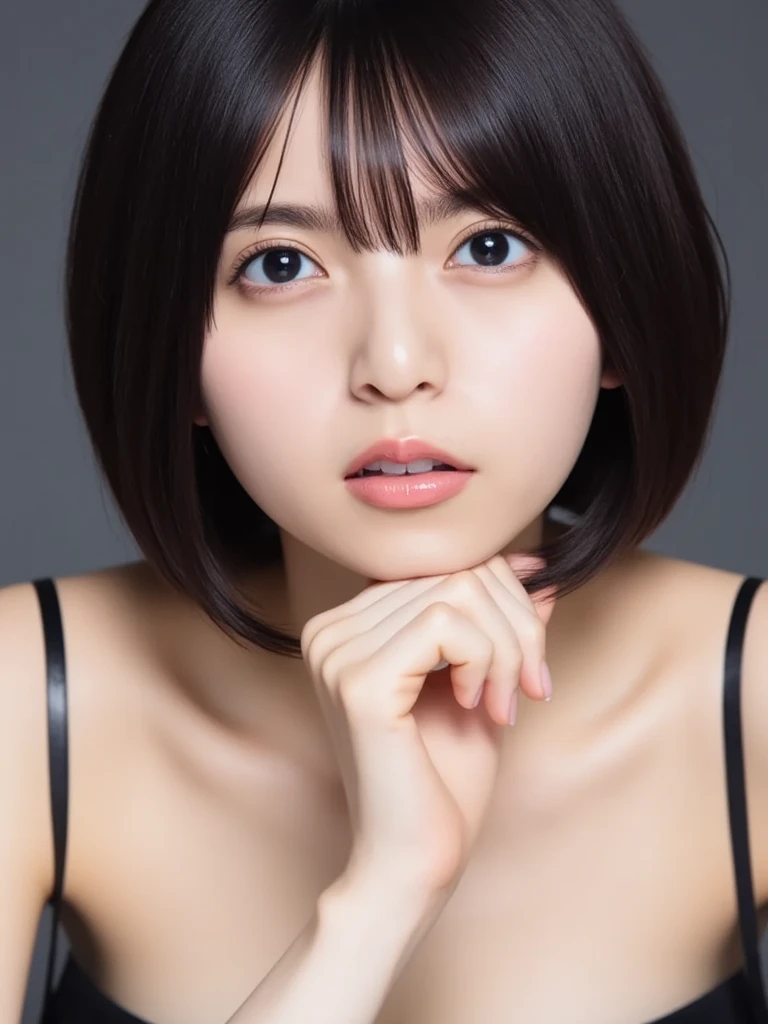 ((ID photo、face only))、(nude、black hair、real face)、cute japanese woman、23 years old、young girl、light blue background、Turn your body to the front、Expressionless、blank space above the head、Hide the chest with hair