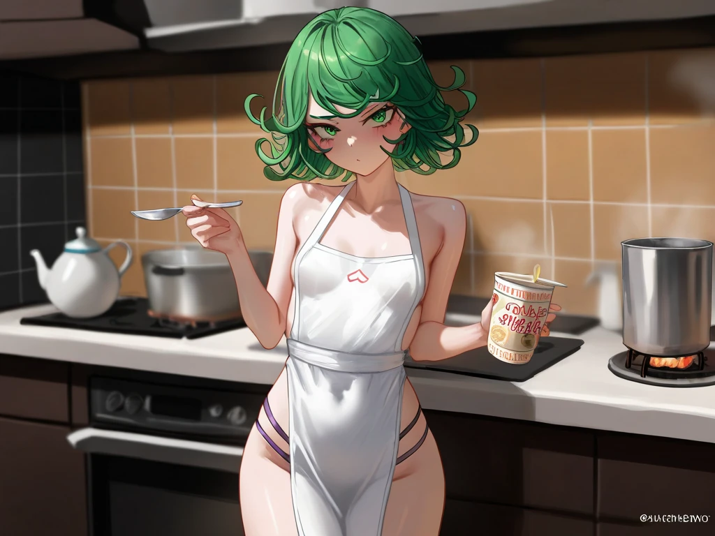 1 girl, short hair, flat chest, thick thighs, only wearing black underwear and black bra, Sinon cooking dinner in the kitchen only wearing her black bra and black underwear when I quietly and suddenly go and hug her from behind, Sinon face blushing and in shock looking at me
view from back, no blurring, masterpiece, anime style, full body