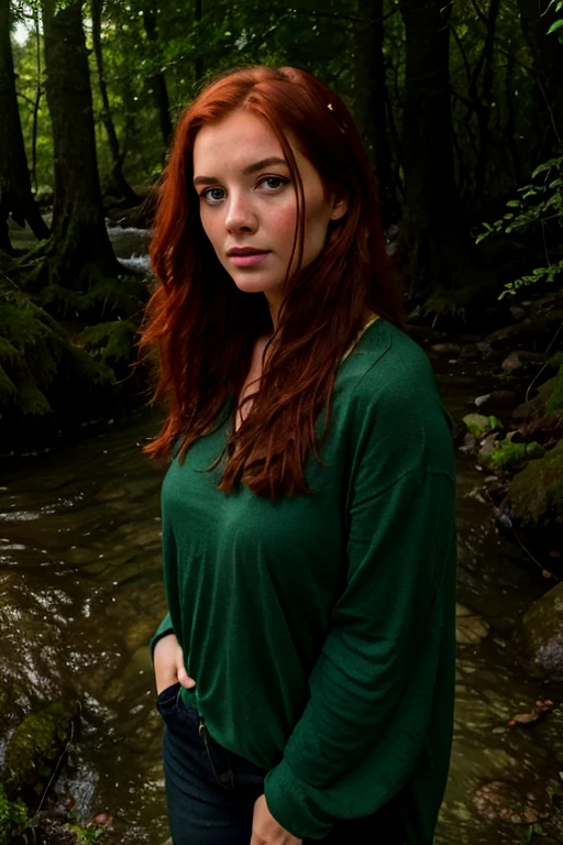 A young woman with long red hair, vuluptuous body wet and covered by clothes made of green fibers and flowers, who is braiding her hair by the river.