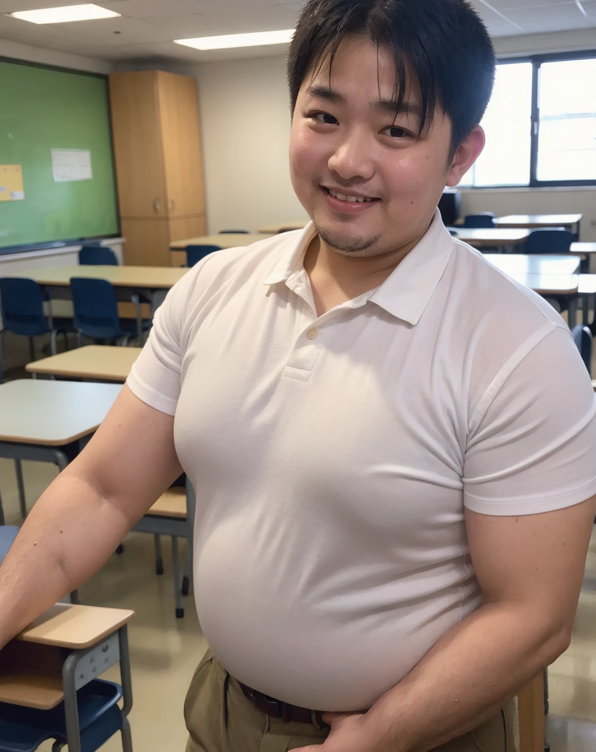 Fat, Chubby man in a white coat, Shirtless , take off Shirt, Asian 40 year old, eye glasses, Working, Office room, books, cinematic composition, detailed facial features, realistic skin textures, high level of detail, 8k, cinematic lighting, photorealistic, Top view, Look up.