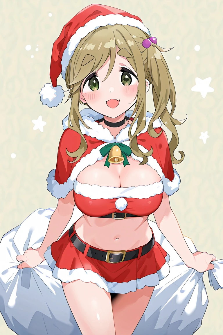 (( highest quality, High resolution, nffsw, perfect pixel, Depth of written boundary, 4K, )), 1 girl, alone, in addition, beautiful anime girl, beautiful art style,
close, looking at the viewer,
perfect body, Isshiki Iroha, short hair, big breasts,
blush all over the face, smile,mouth open,
self snap,
throw,Nipples are fully exposed,spread your legs,Only one Y-shirt with an open front,cleavage,standing position,Santa Cosplay,
