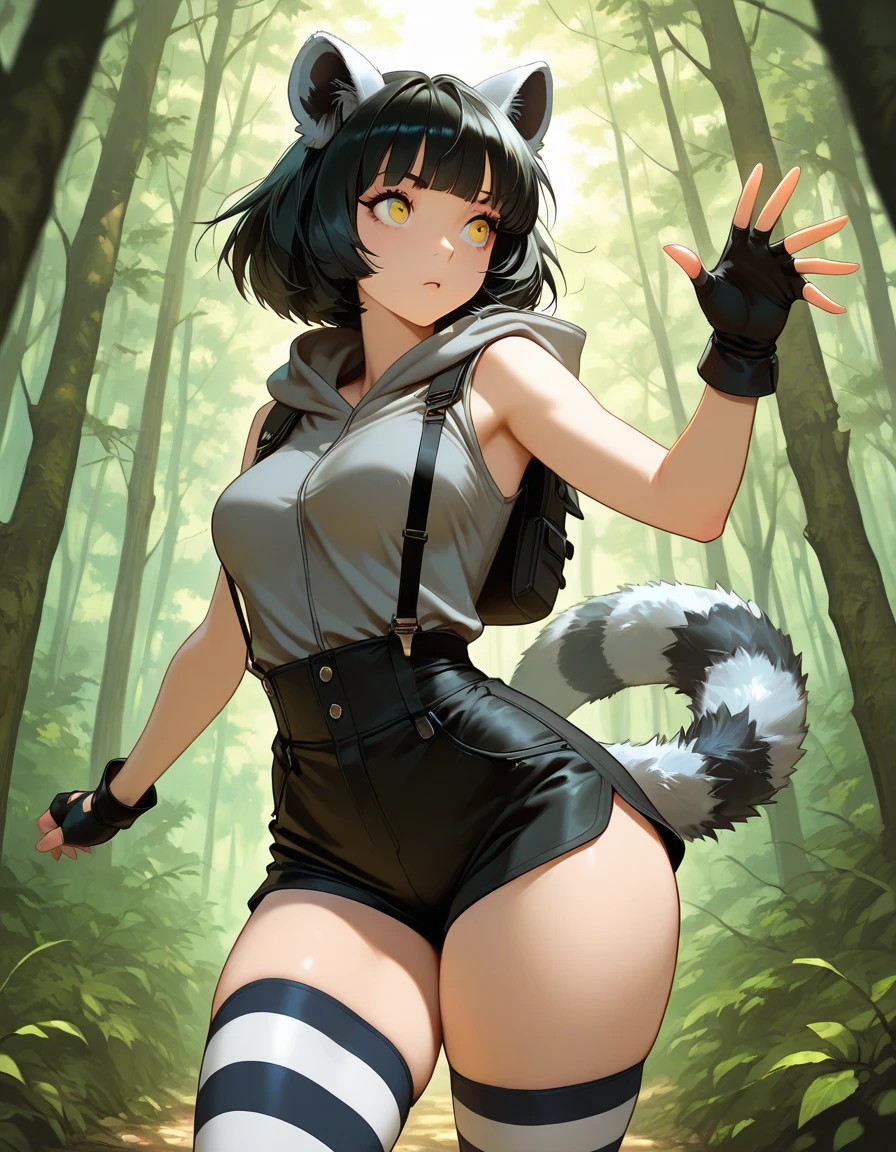 beautiful young warrior with cat ears on her head, com rosto bem detalhado e bonito, belos olhos, belos olhos, rosto lindo, beautiful young woman wearing long brown leggings with black details, sueter apertado branco, Standing in a forest, usando bota preta, cabelo comprido com franja preto, ,orelhas de gato, belo sorriso, tomboy, um pouco musculosa,suter branco com cinta em volta, olhar serio,usando brazer apertado preto