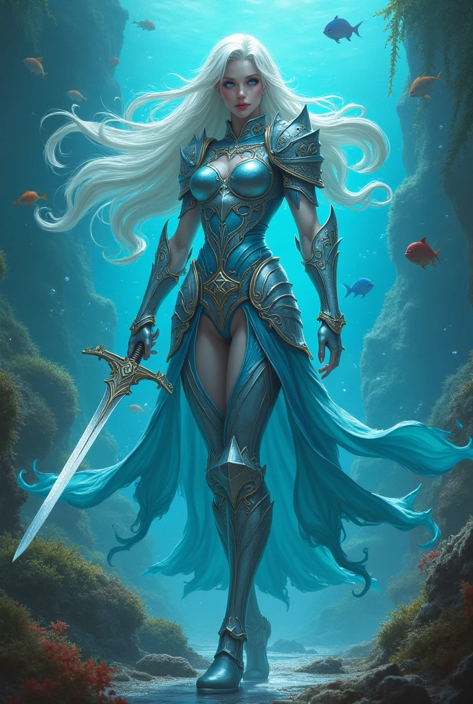 Woman superheroine queen of the oceans, mulher musculosa, vestindo uma armadura pesada azul, cabelo branco, pele negra, pele marrom, poderosa, olhar confiante, muscular athletic woman, deusa antiga, deusa dos oceanos, divindade moderna, personagem 2d, estilo quadrinhos