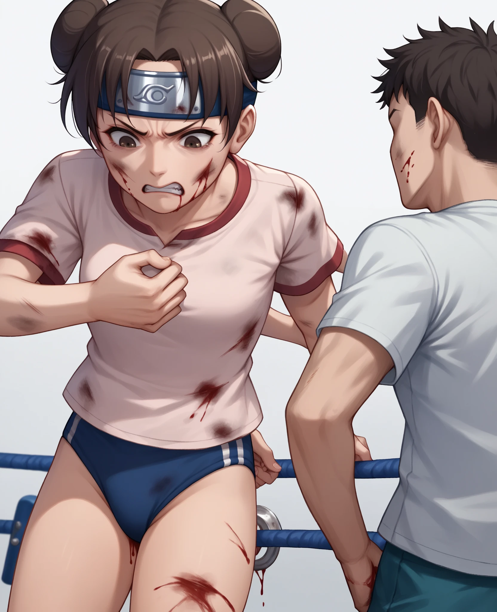 A young, cute, bloody, bruised, sweaty Japanese female street fighter and a male fighter in a back alley fighting each other. She is lying down. she is knocked out by him. She has short-cut black hair. She is crying. Both eyes closed. Short of breath. Drooling from the mouth. Denim shorts. Open finger gloves. Erect nipples.