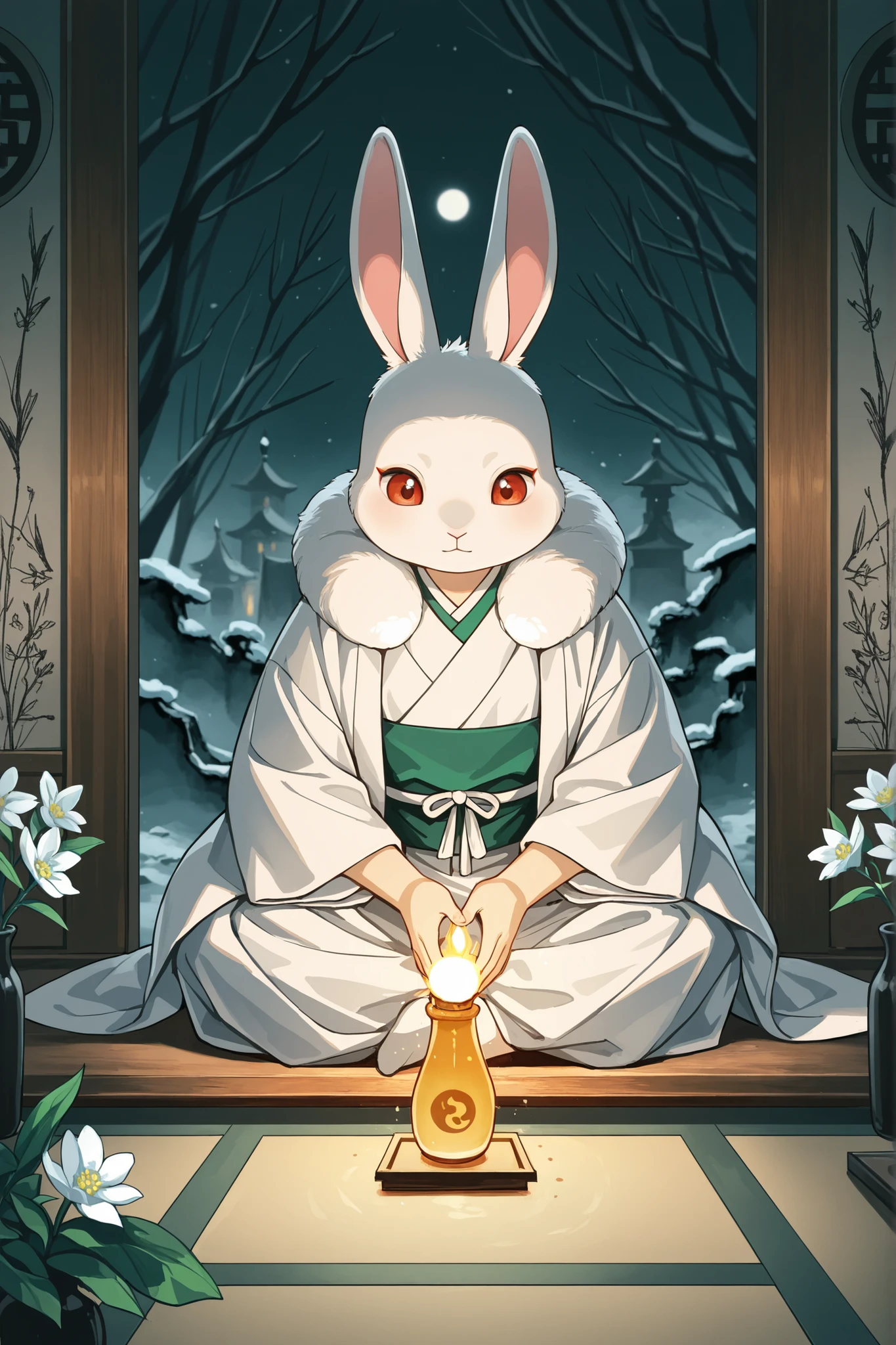 , and the gyokuro from inside pours down the moon,People with bunny ears,A character,and knocks over the gyokuro bottle next to,The gyokuro inside has flowed down the moon,It's like when the moonlight falls,and finally turns into a snow-white jade rabbit,Spring Flower Moon Night,Bluestone town,God of the land, Chinese style,Traditional mythology,Aesthetic atmosphere,HD details, ink style