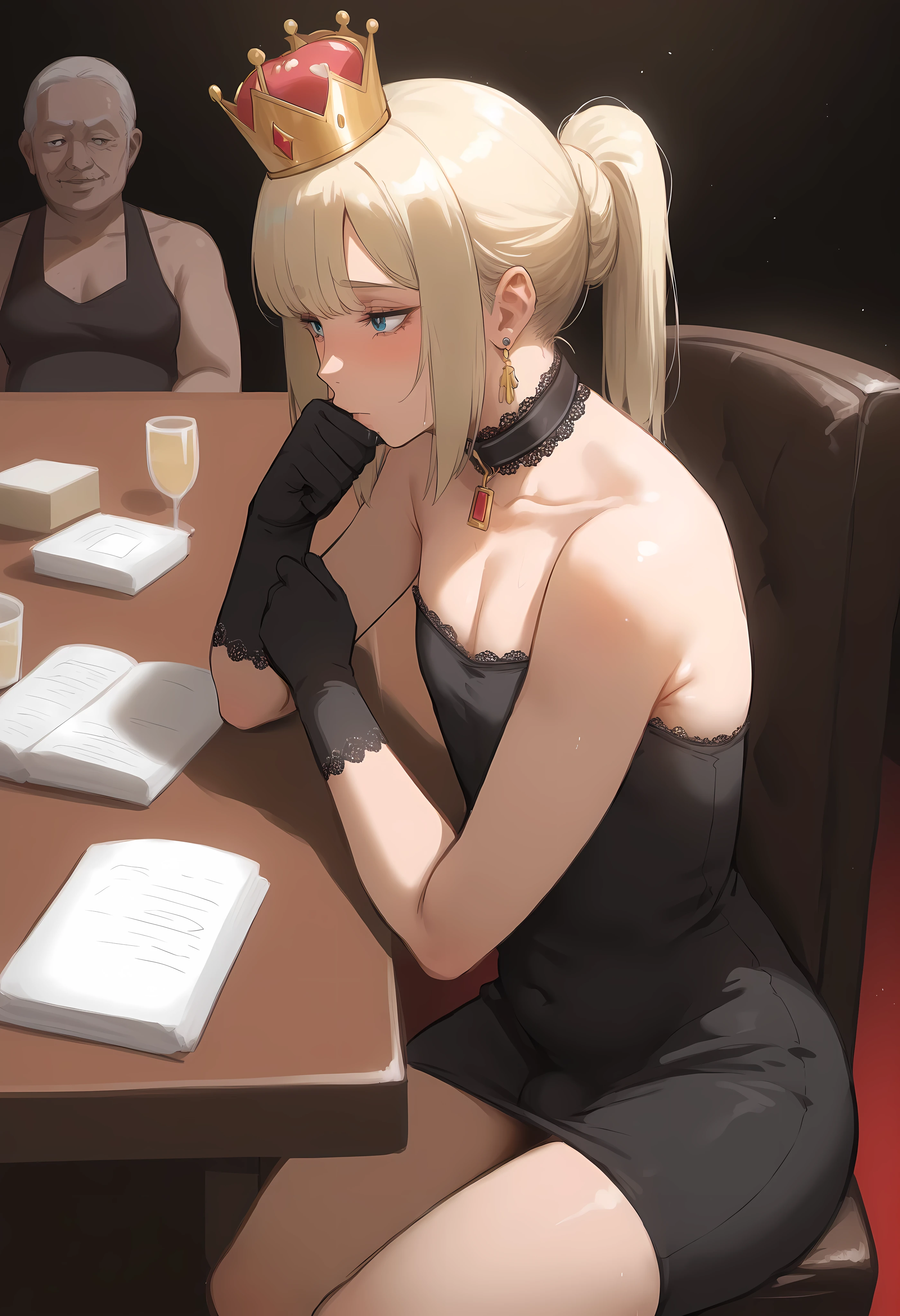 score_9, score_8_up, (candydoII boy with milfy slim sculpted body), puffy thicc man-chest:1.2, puffy chest, solo sugar femboy w/ mature body, (anime mature femboy with pale-blonde shoulder-length hair with swept bangs), (mommy style loose low short ponytail over houlder), masterpiece, best quality, (taken from dynamic masterful angles), anime moe artstyle, well-toned waifu, (mature extremelybeautifulfemboy with lean perfection abdomen:1.5), in royalty kingly study on matter of state with older ugly fat ojiisan council men, (ample littIe femboys natural smaII puffy thicc man-chest), Curvy body, (thick fleshy arms), oh my god that arms are so sexy!!, Hd eyes, BREAK, Half body photograph of a cute and attractive erotic femboy in a secluded indoor kingly royal dining hall ::3 dinner royal party, form - fitting sleeveless bare-shoulder strapless Bodycon nightclubing party mini bodycon with cleavage that accentuates his perfect body ::2, bodyconian, lace collar, strapless, bareshoulder sleeveless, prince crown-tiara, fixing hair behind ear, sitting on royal chair by the royal table - arm on table hand supported cheek, with ugly fat older ojiisan men in background settings, femboys an effeminate-prince attend to paunchy noblemen to chat, wide view, full of men baclground settings:1.2, ugly fat old man huge veiny girthy flaccid cock leaking cum on book, (balding fat old man hugging and fondling femboys erotic puffy flat man-chest), (balding fat old man with receeding hair), old man kisses femboys cheek, BREAK, Photograph captured using a Canon 6D Mark II with an 85mm lens at f/ 4 and ISO 100 ::3 Glamour shot, award - winning photograph, sharp focus, dynamic lighting ::1, from side, half body high angle cowboy shot,
