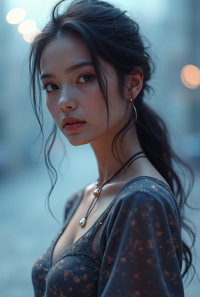 20-year-old surreal idol, ultra-thin sleeveless long dress, ?????? ring, smiling smile, Cape Fur Cuts, Walking without noticing the camera, City under heavy rain, wet from the rain, wet clothes stuck to the body, RAW,(8k, Best Quality, Masterpiece: 1.2),(intricate detail: 1.4),(photorealistic:1.4),Octane representation, Complex 3D rendering with ultra details, Soft studio light, rim light, vivid detail, super detail, realistic skin texture, face detail, Beautiful eye details, Highly detailed CG Unity 8k wallpaper, make up, (detailed background: 1.2),