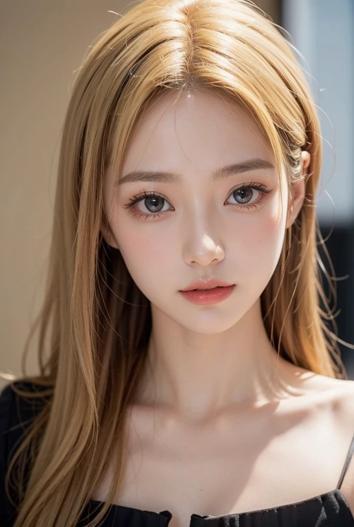 highest image quality, High-resolution photography, A beautiful girl with a perfect figure. :ỉl3、((K-pop idols)), Colossal:1.3、breast cleavage:1.3 , ((Open the shirt show. )), (detailed face ), (white blouse),  Full body, white smooth skin、Glossy white skin、(Wavy blonde hair)、dark-brown hair、Beautiful eyes with random colors、The lips are very thin., finely detail、Long eyes、Light Pink Blush、Beautiful long eyelashes with double eyelids.、eye shadow office、Light that highlights beautiful skin、oily shiny skin