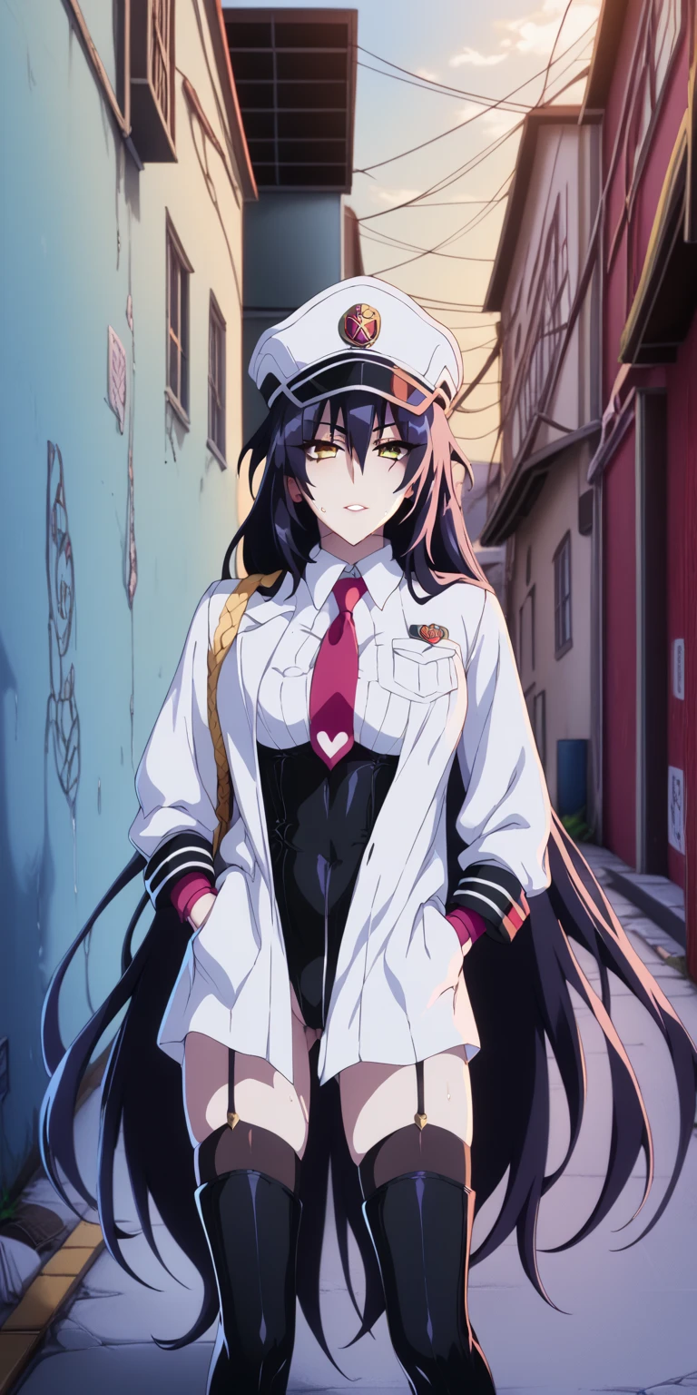 (puuzaki_puuna(punopupupu) style:1.2), score_9, score_8_up, score_7_up, score_6_up, dominique de sade, long hair, black hair, parted bangs, yellow eyes, BREAK Anime Style, Manga Style, Hand drawn, cinematic, Sharp focus, humorous illustration, big depth of field, Masterpiece, concept art, trending on artstation, Vivid colors, Simplified style, trending on ArtStation, trending on CGSociety, Intricate, Vibrant colors, Soft Shading, Simplistic Features, Sharp Angles, Playful, excessive sweating, sweating profusely, sweating drop BREAK, lemon0051, elbow gloves, armband, collared shirt, leotard, necktie, peaked cap, garter straps, thigh boots BREAK, white choker, hands in pocket, alley,