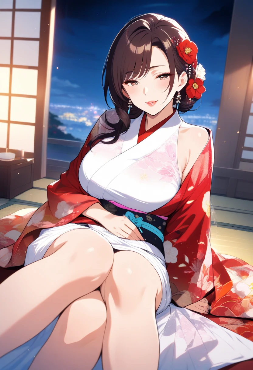 Highest quality, masterpiece, A beautiful woman in traditional Japanese attire, viewed from slightly behind, with a serene and gentle smile. She has a chignon updo hairstyle adorned with flowers and traditional hair accessories. The background features a mystical, foggy mountain landscape with soft sunlight filtering through the mist. The overall atmosphere is serene and captivating, emphasizing the beauty and elegance of the traditional attire and the peaceful natural setting.