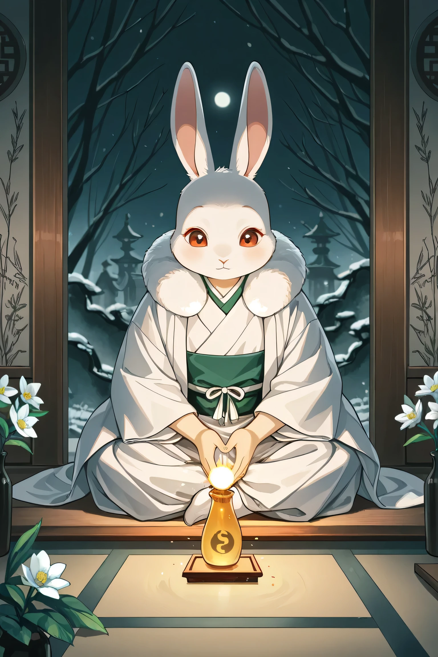 , and the gyokuro from inside pours down the moon，People with bunny ears，A character，and knocks over the gyokuro bottle next to，The gyokuro inside has flowed down the moon，It's like when the moonlight falls，and finally turns into a snow-white jade rabbit，Spring Flower Moon Night，Bluestone town，God of the land， Chinese style，Traditional mythology，Aesthetic atmosphere，HD details， ink style